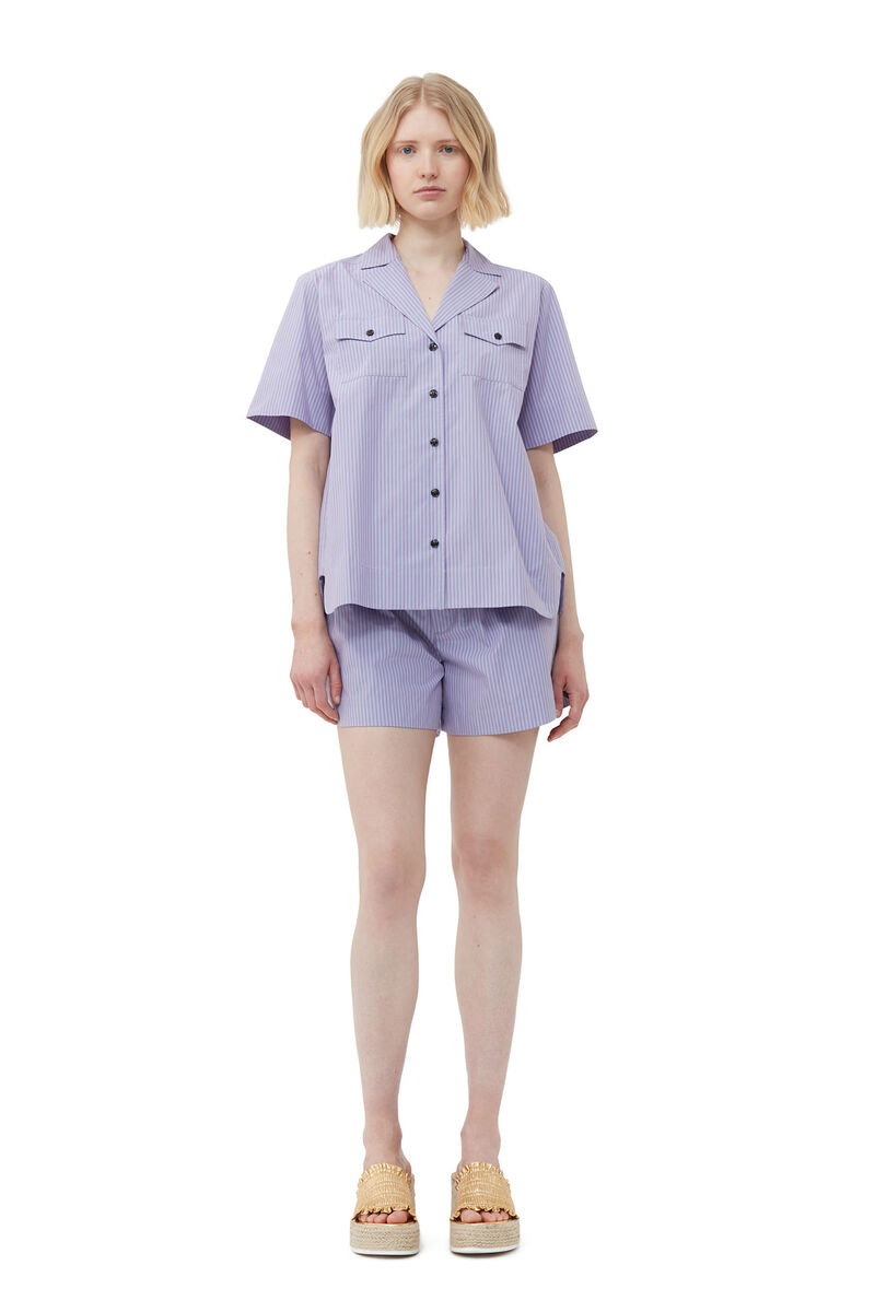 Stripe Cotton Short Sleeve Shirt, Cotton, in colour Forever Blue - 1 - GANNI