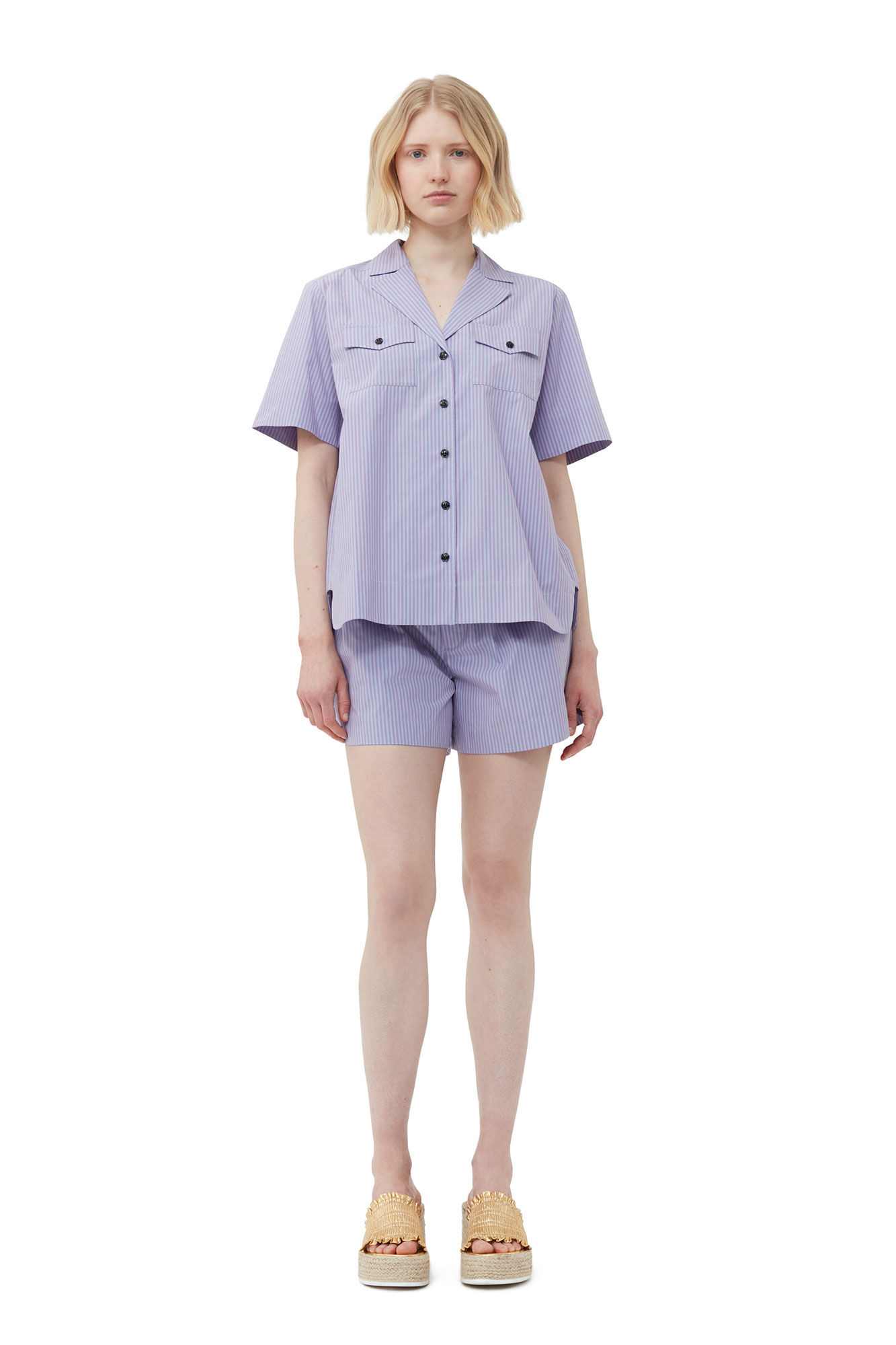Ganni Stripe Cotton Short Sleeve Shirt