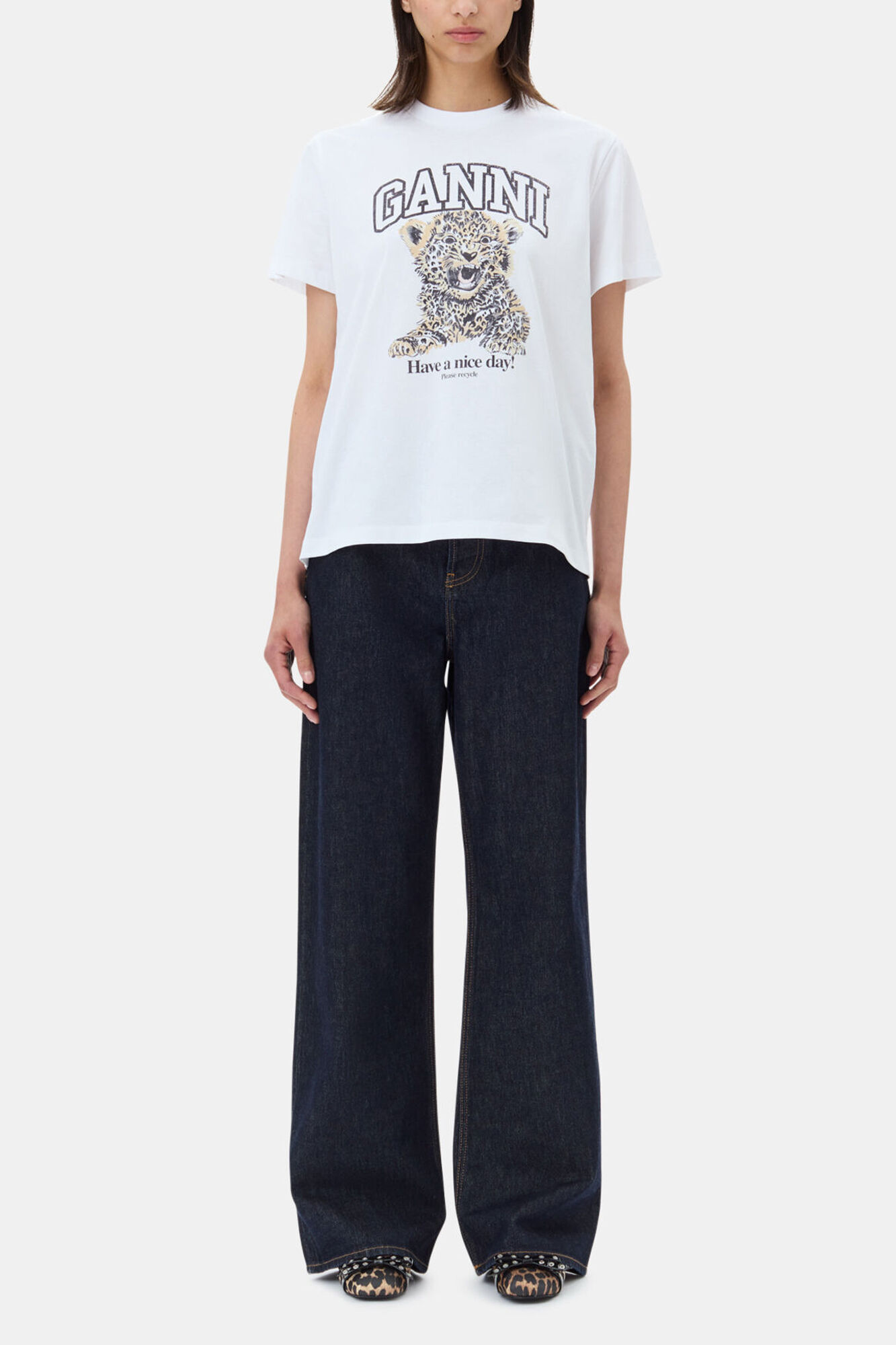 White Basic Jersey Leopard Relaxed T-shirt, Organic Cotton, in colour Leopard - 2 - GANNI