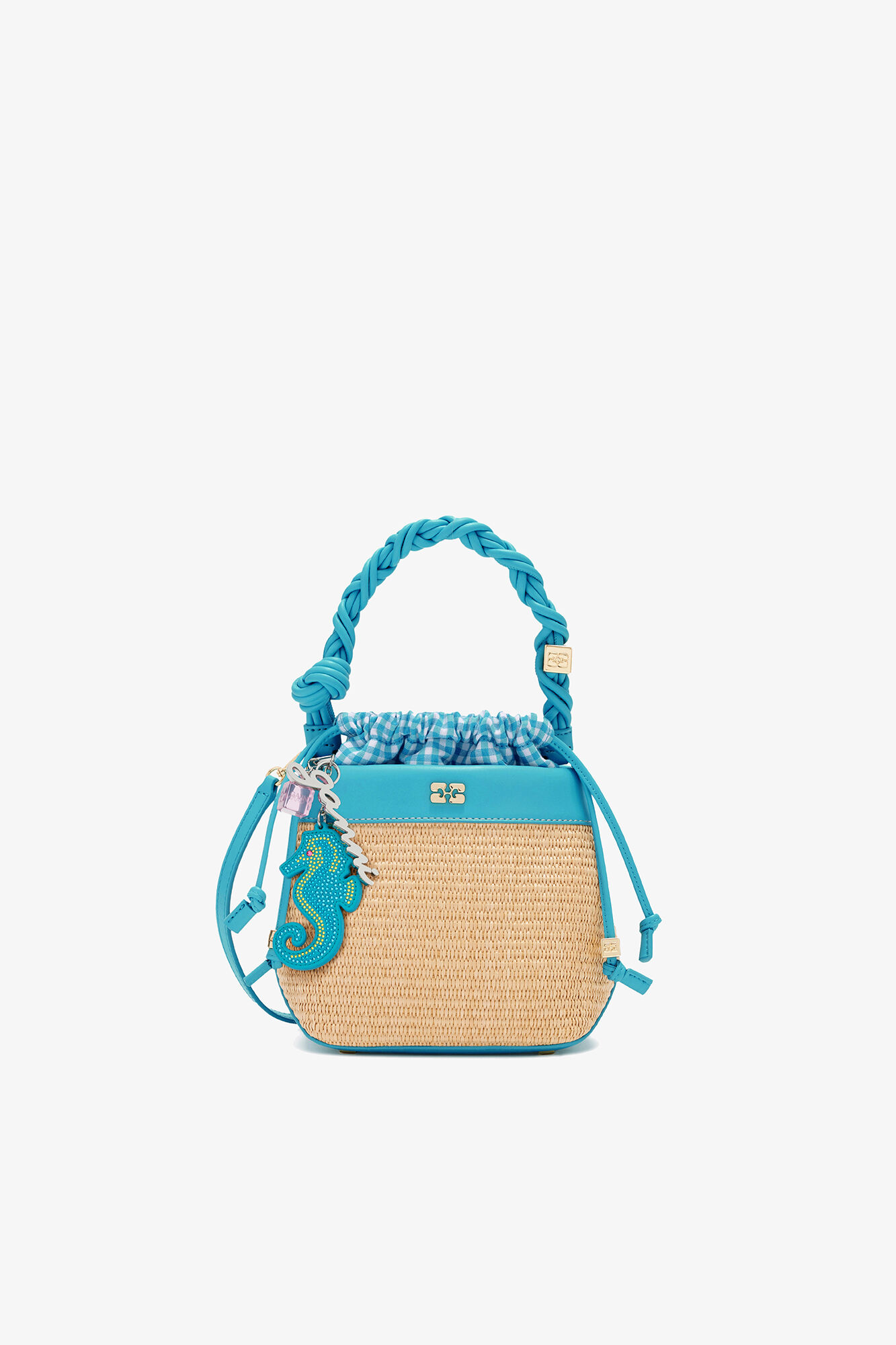 【GANNI】ガニー BOU BUCKET BAG ボウ バケットバッグ Scuba Blue Bou Bucket Bag in Straw | GANNI US