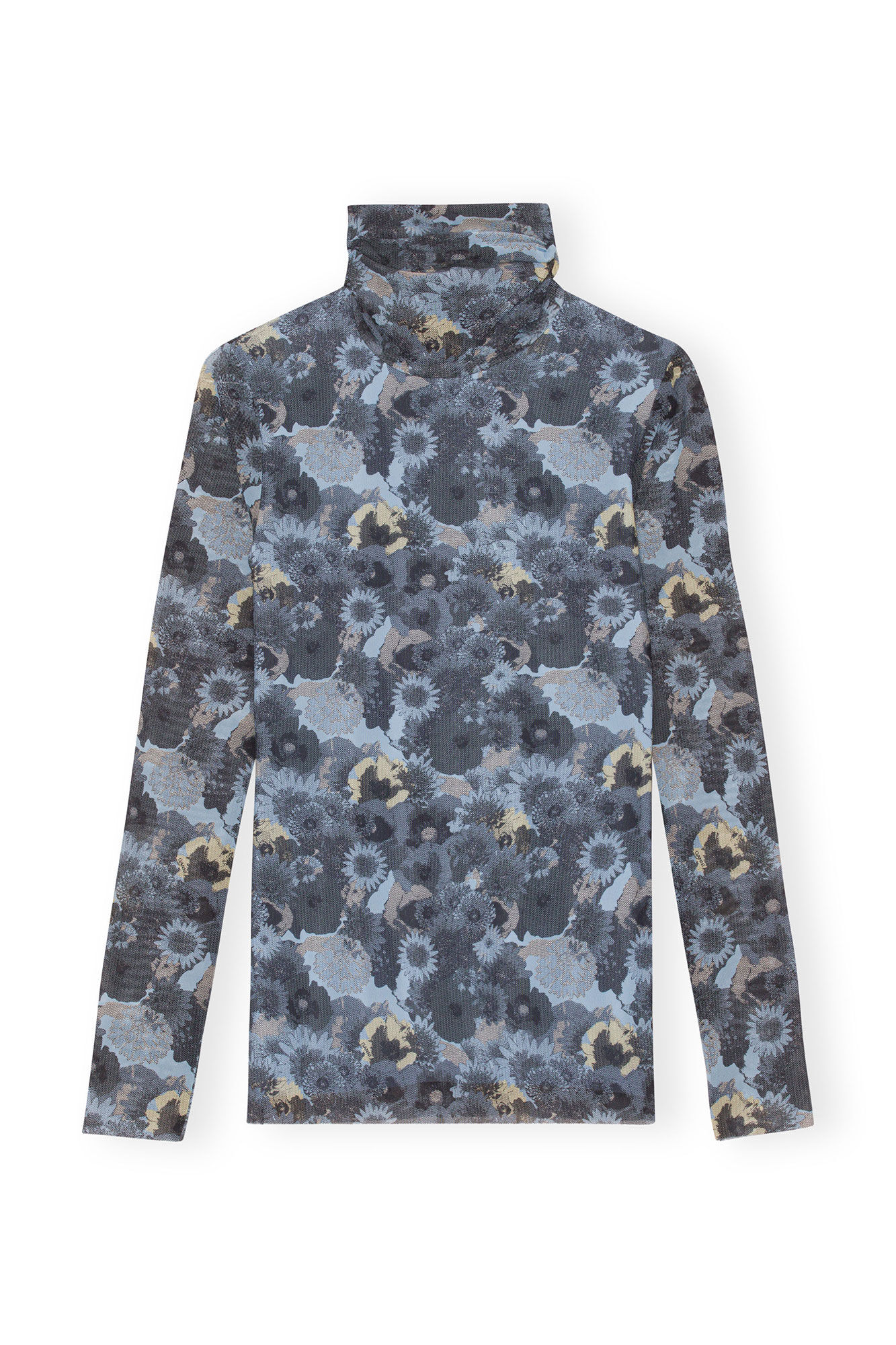 Ganni Printed Mesh Long Sleeve Rollneck In Orange | ModeSens
