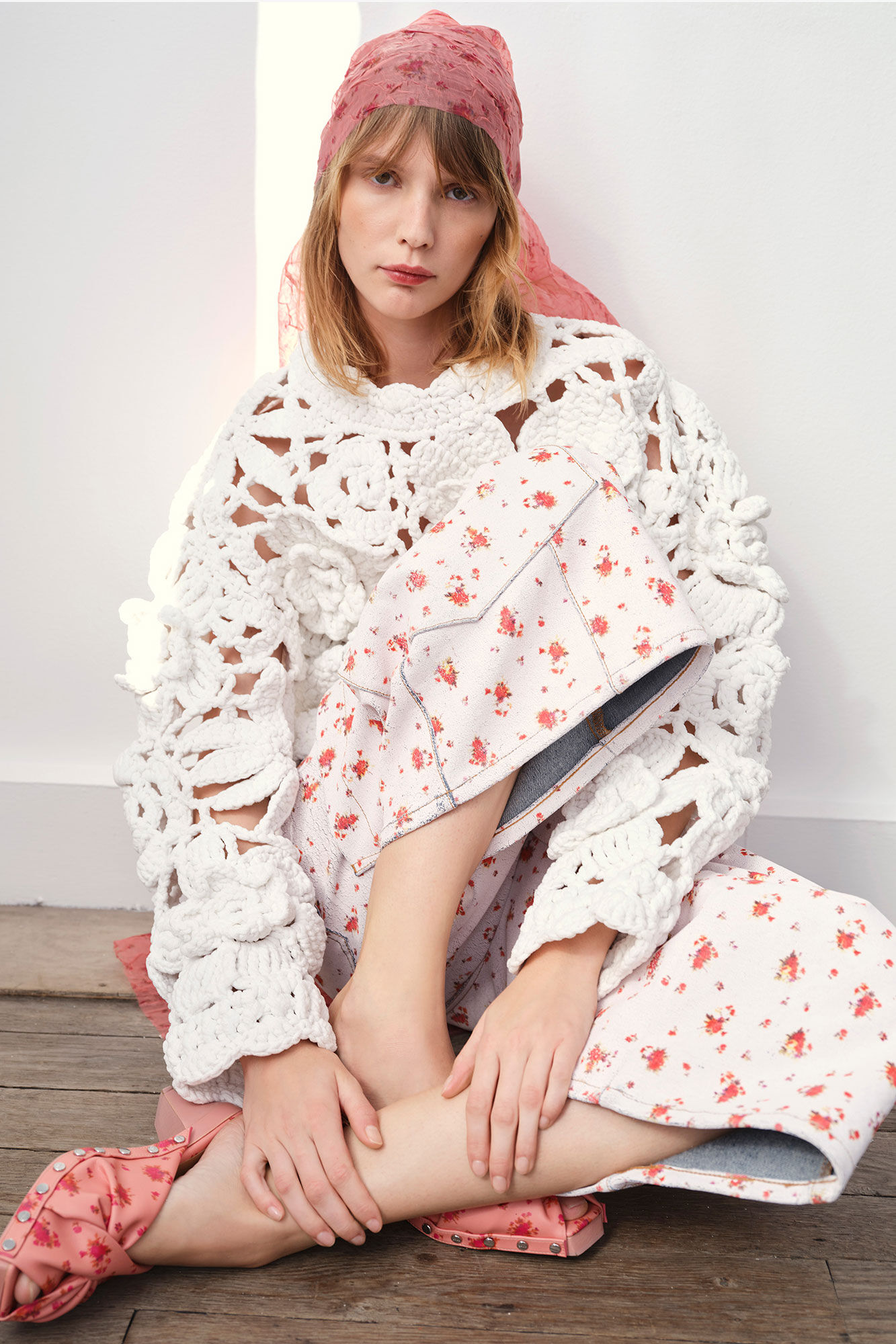 Hand Crochet Crewneck in White, Organic Cotton, in colour Bright White - 4 - GANNI