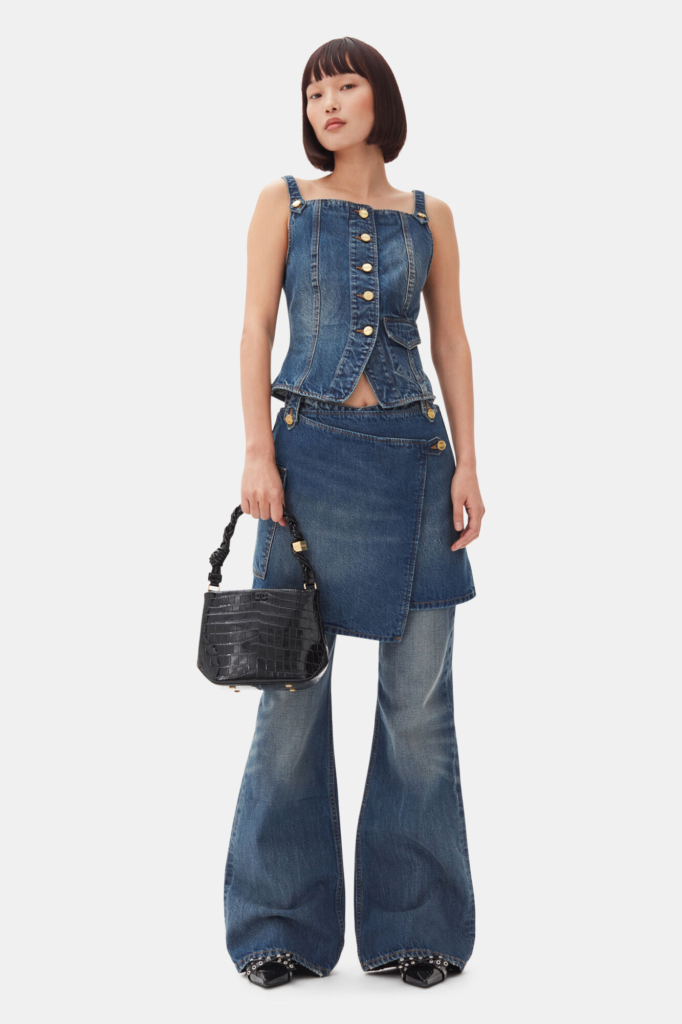 Dark Blue Heavy Washed Denim Top, Cotton, in colour Mid Blue Vintage - 2 - GANNI