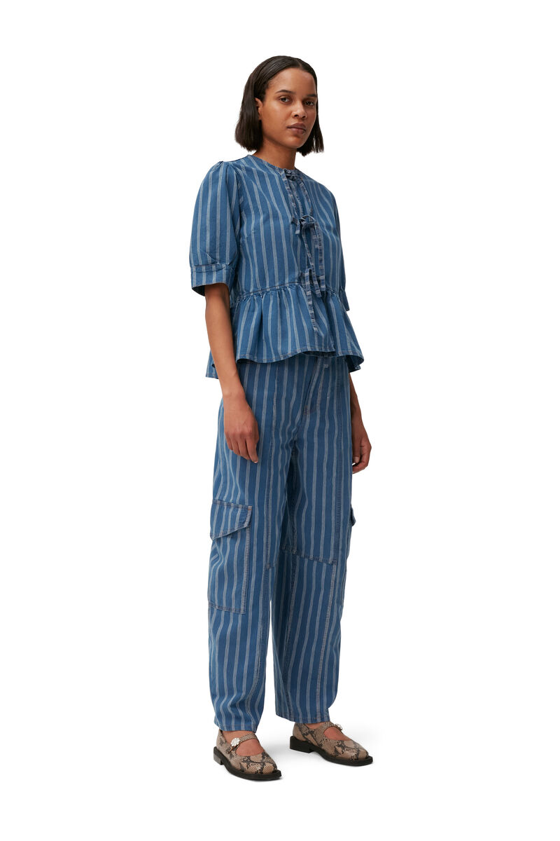 Stripe Denim Cargo Trousers, Cotton, in colour Tint Wash - 1 - GANNI