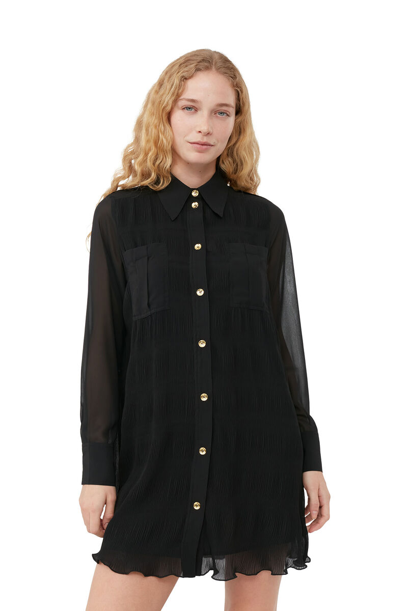 Robe chemise en georgette plissée noire, Recycled Polyester, in colour Black - 4 - GANNI
