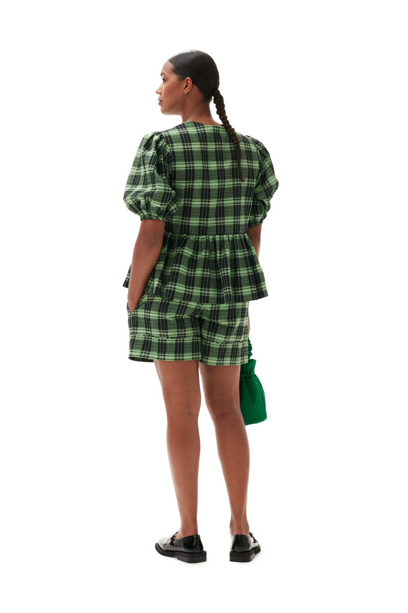 Green Seersucker Check Wrap Blouse, Organic Cotton, in colour Peapod - 3 - GANNI