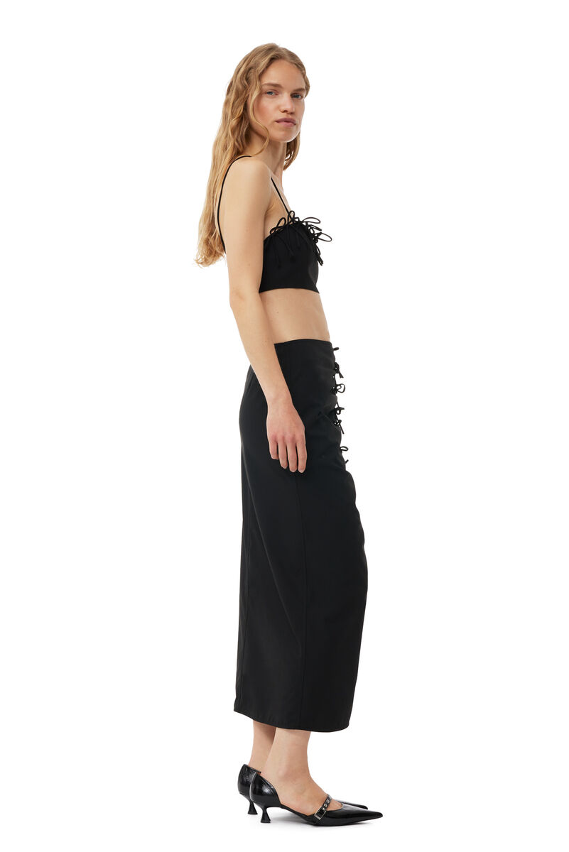 Black Drapey Melange Midi Rock, Elastane, in colour Black - 3 - GANNI