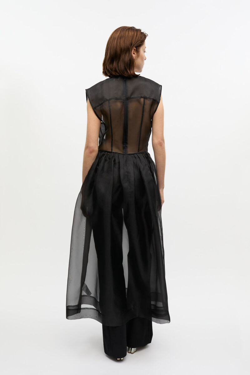 Black Technical Organza Corset Midi Dress, Recycled Polyester, in colour Black - 2 - GANNI