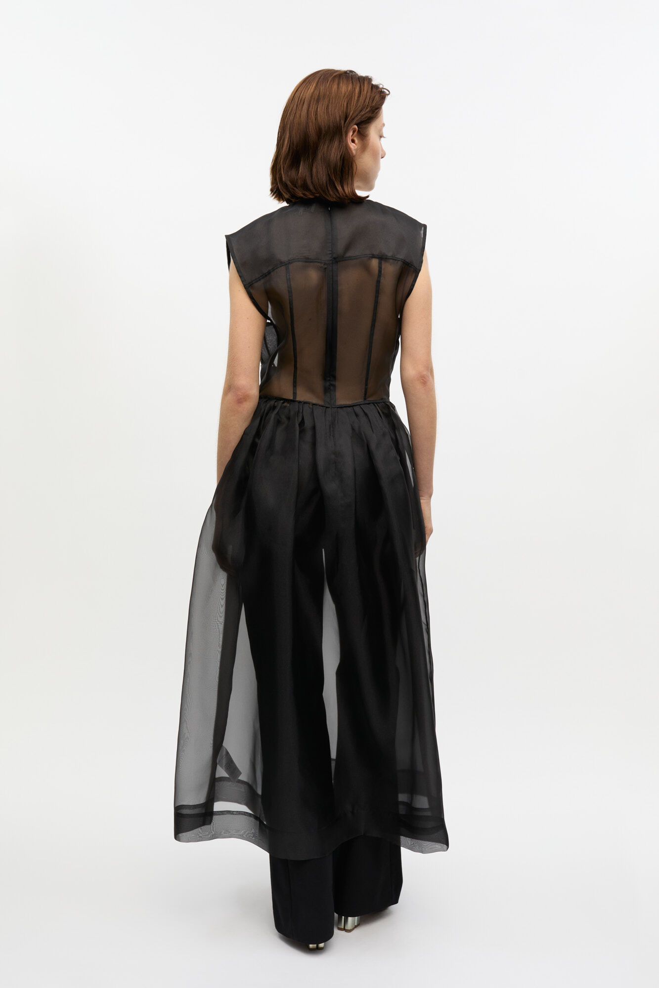 Black Technical Organza Corset Midi Dress, Recycled Polyester, in colour Black - 2 - GANNI