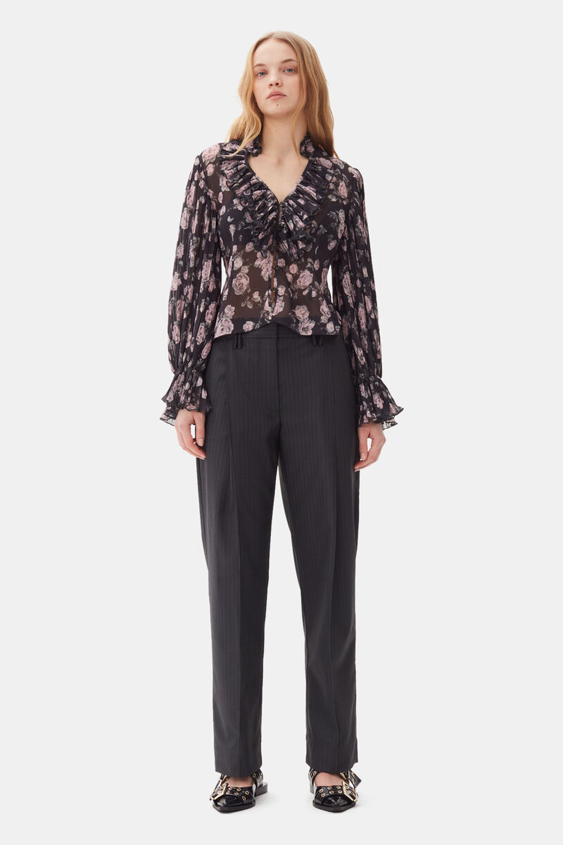 Floral Printed Pleated Georgette Blouse, Recycled Polyester, in colour Phantom - 2 - GANNI