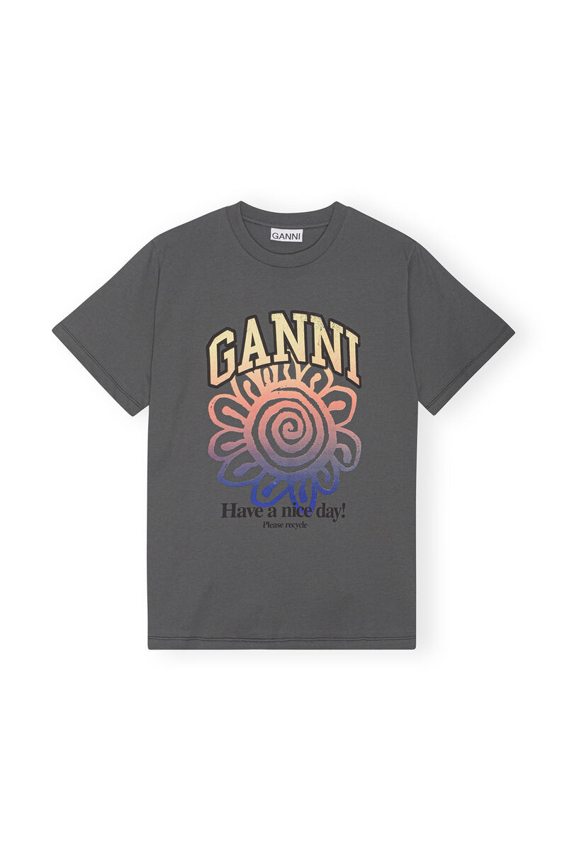 Grey Relaxed Flower T-shirt, Cotton, in colour Volcanic Ash - 1 - GANNI