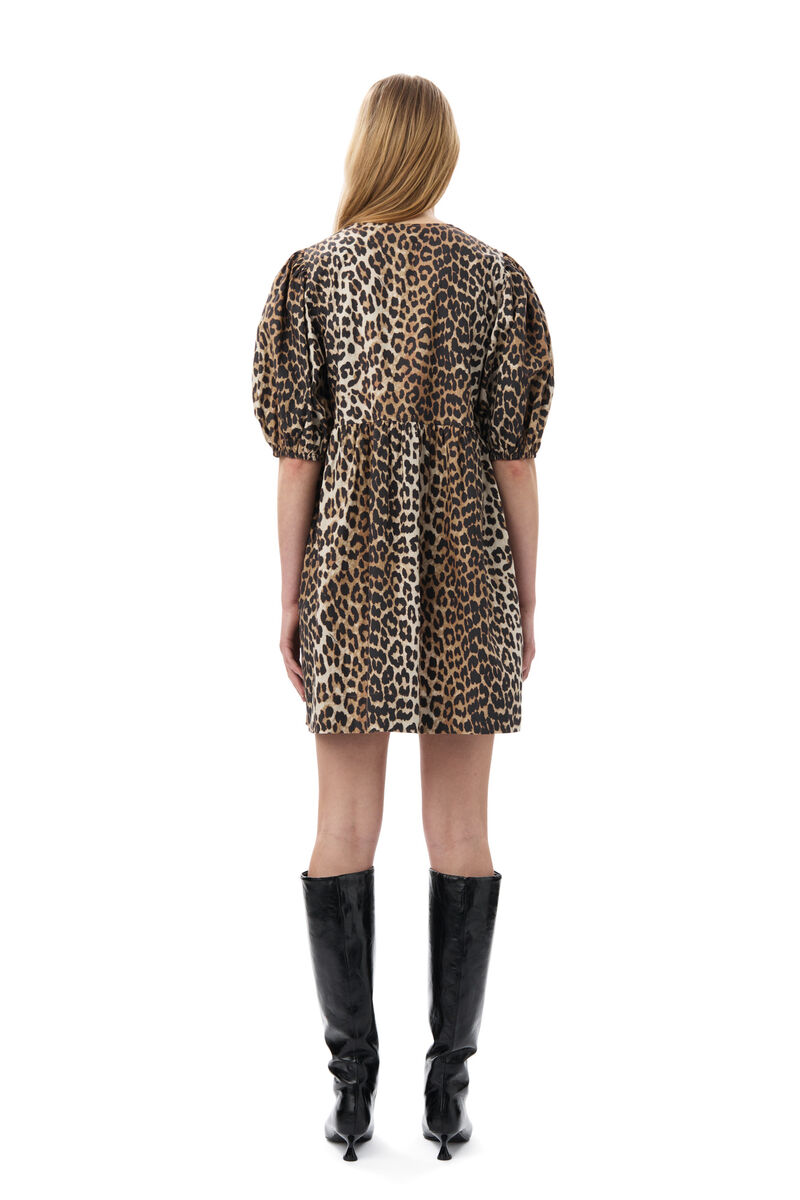 Leopard Printed Cotton Tie String Mini Dress, Cotton, in colour Leopard - 4 - GANNI