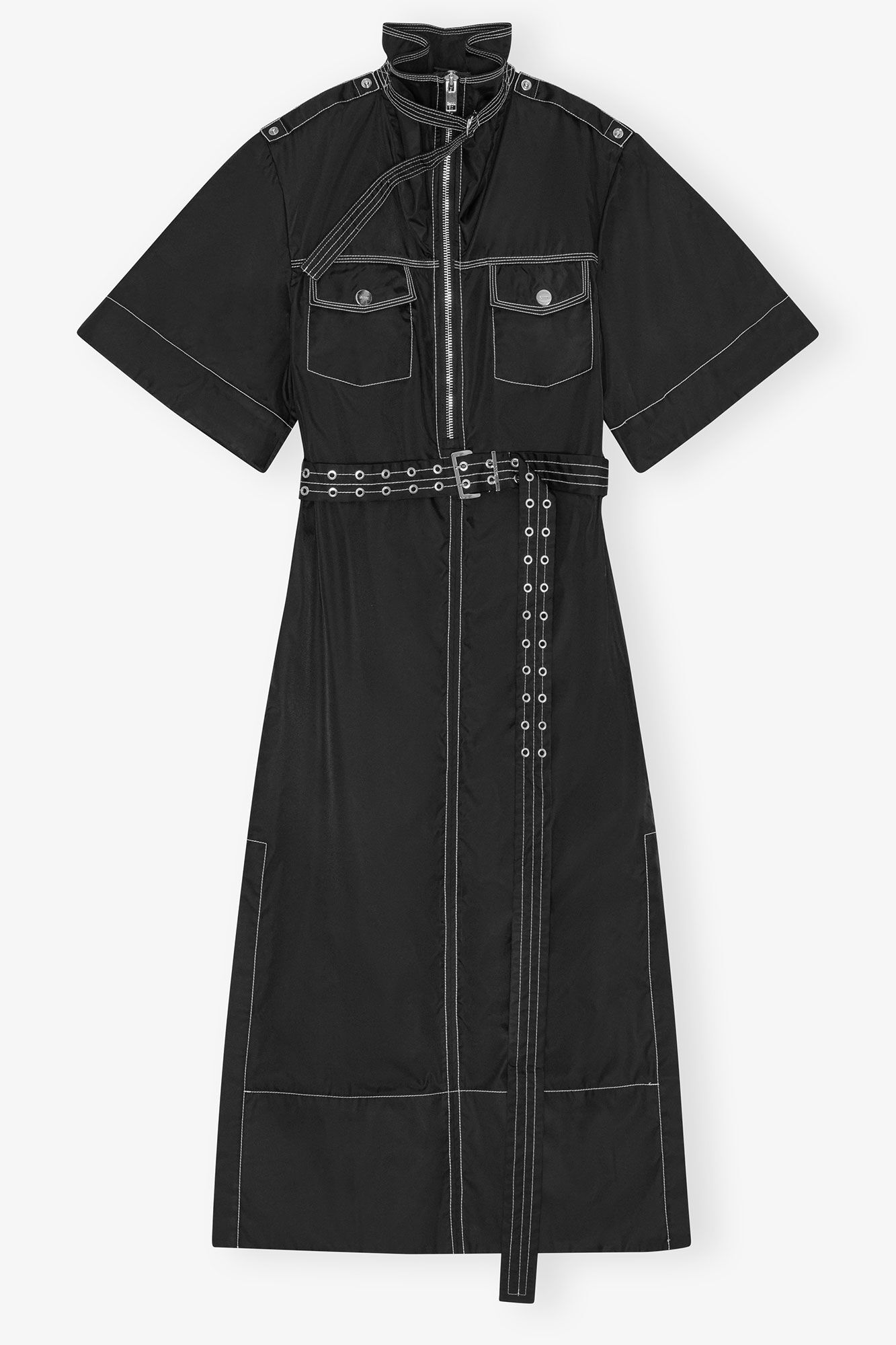 Black Stretch Cotton Dress, Polyurethane, in colour Black - 3 - GANNI