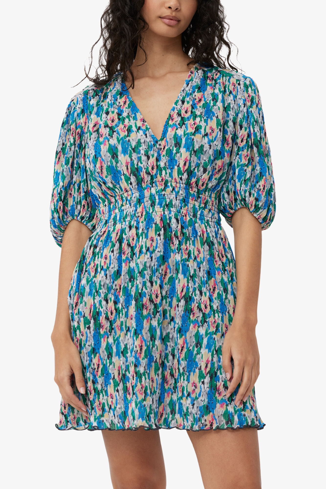 Pleated Georgette V-neck Mini Dress, Recycled Polyester, in colour Floral Azure Blue - 4 - GANNI