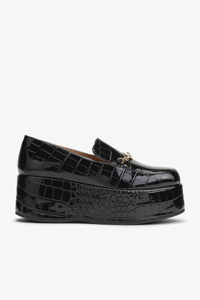 Black Patent Croco Butterfly Chain Platform Loafers, Black