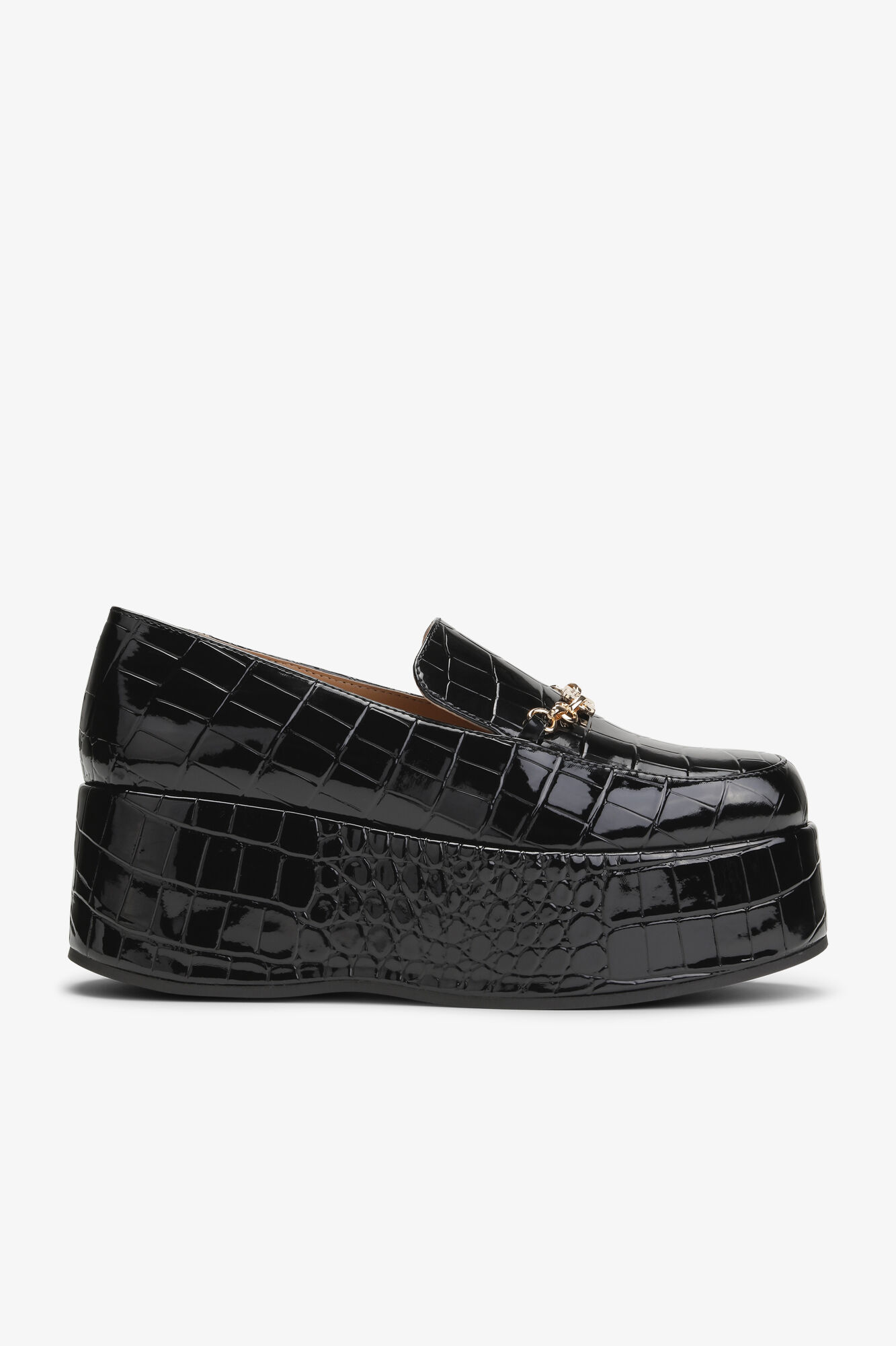 Black Patent Croco Butterfly Chain Platform Loafers, Polyester, in colour Black - 1 - GANNI