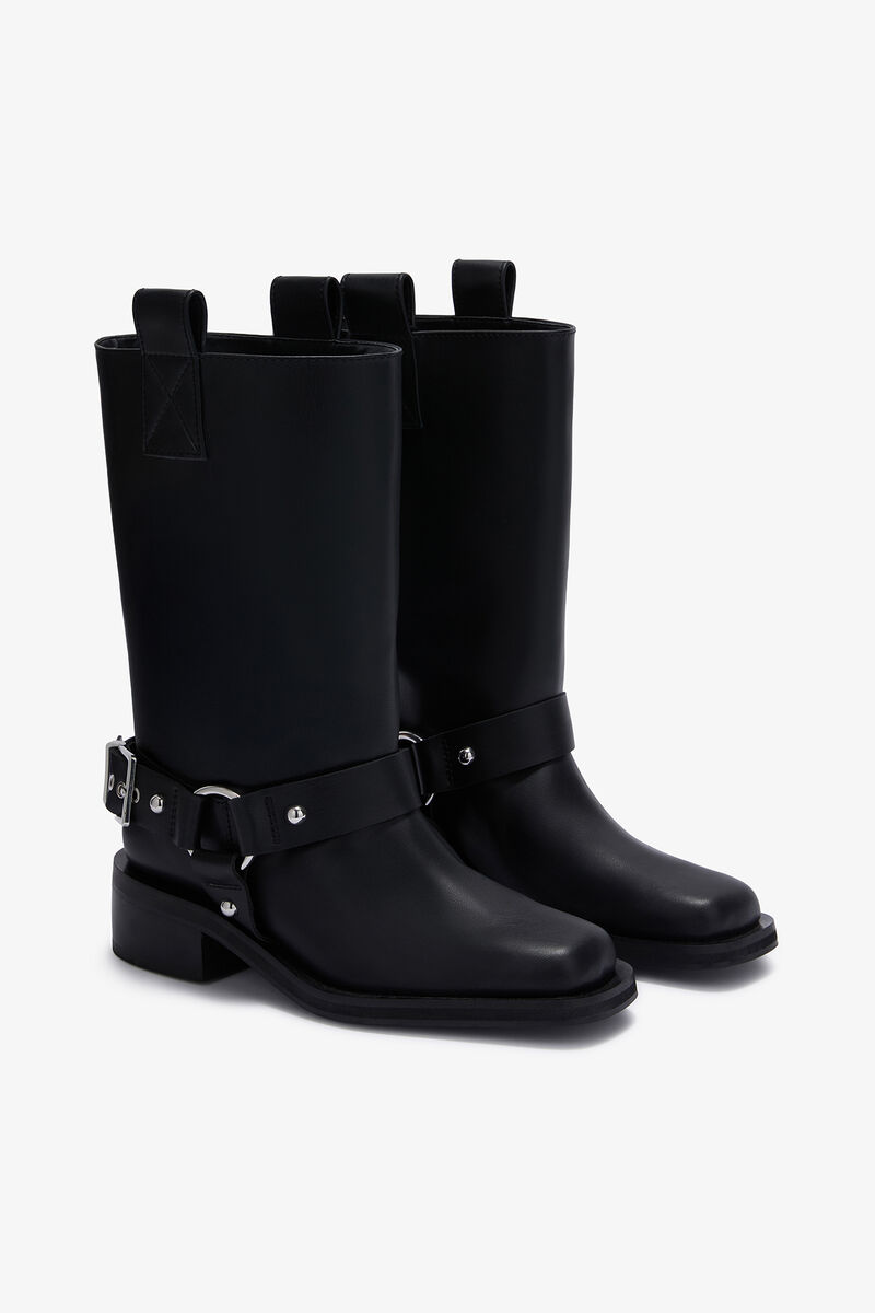 Mid Shaft Biker Boot in Black, Recycled Leather, in colour Black - 2 - GANNI
