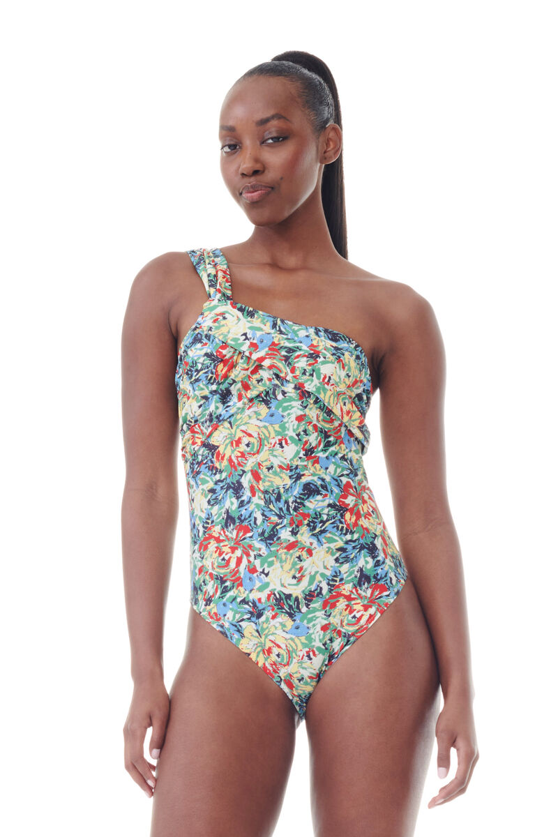 Recycled Printed Gathered Asymmetric Swimsuit, Elastane, in colour Multicolour - 1 - GANNI