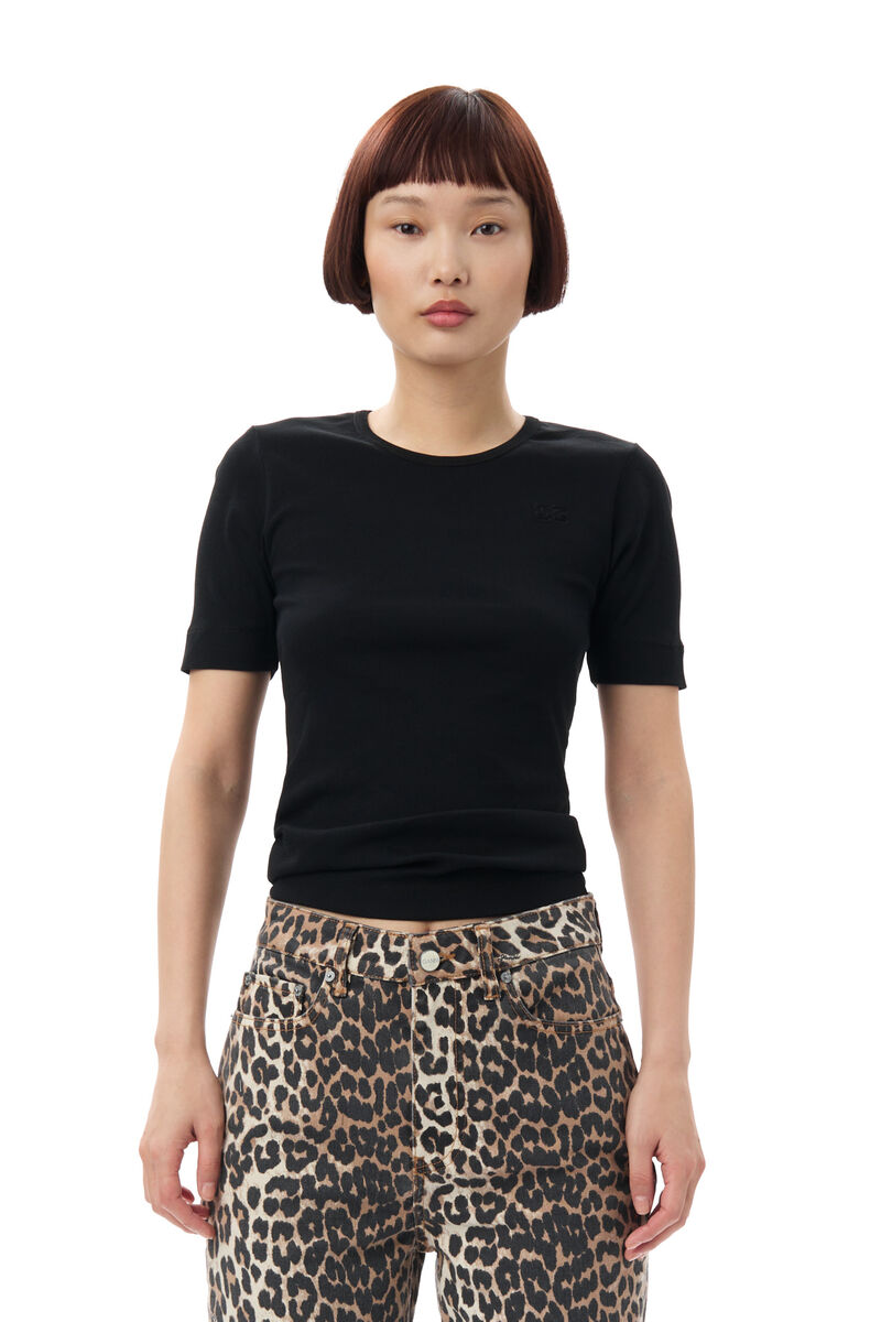 Black Soft Cotton Rib Short Sleeve-T-skjorte, Elastane, in colour Black - 1 - GANNI