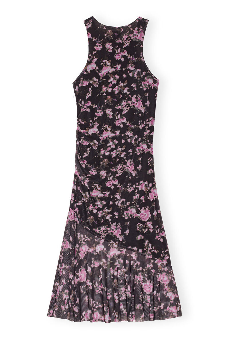 Black Floral Printed Mesh Sleeveless Midi Dress, Recycled Nylon, in colour Phantom - 2 - GANNI