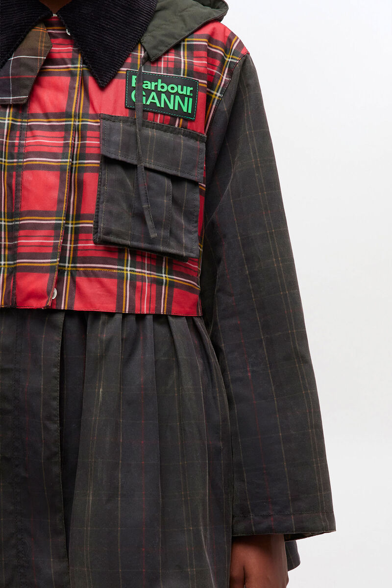 Peplum Wax Jacket in Tartan, Cotton, in colour Dark Green - 3 - GANNI