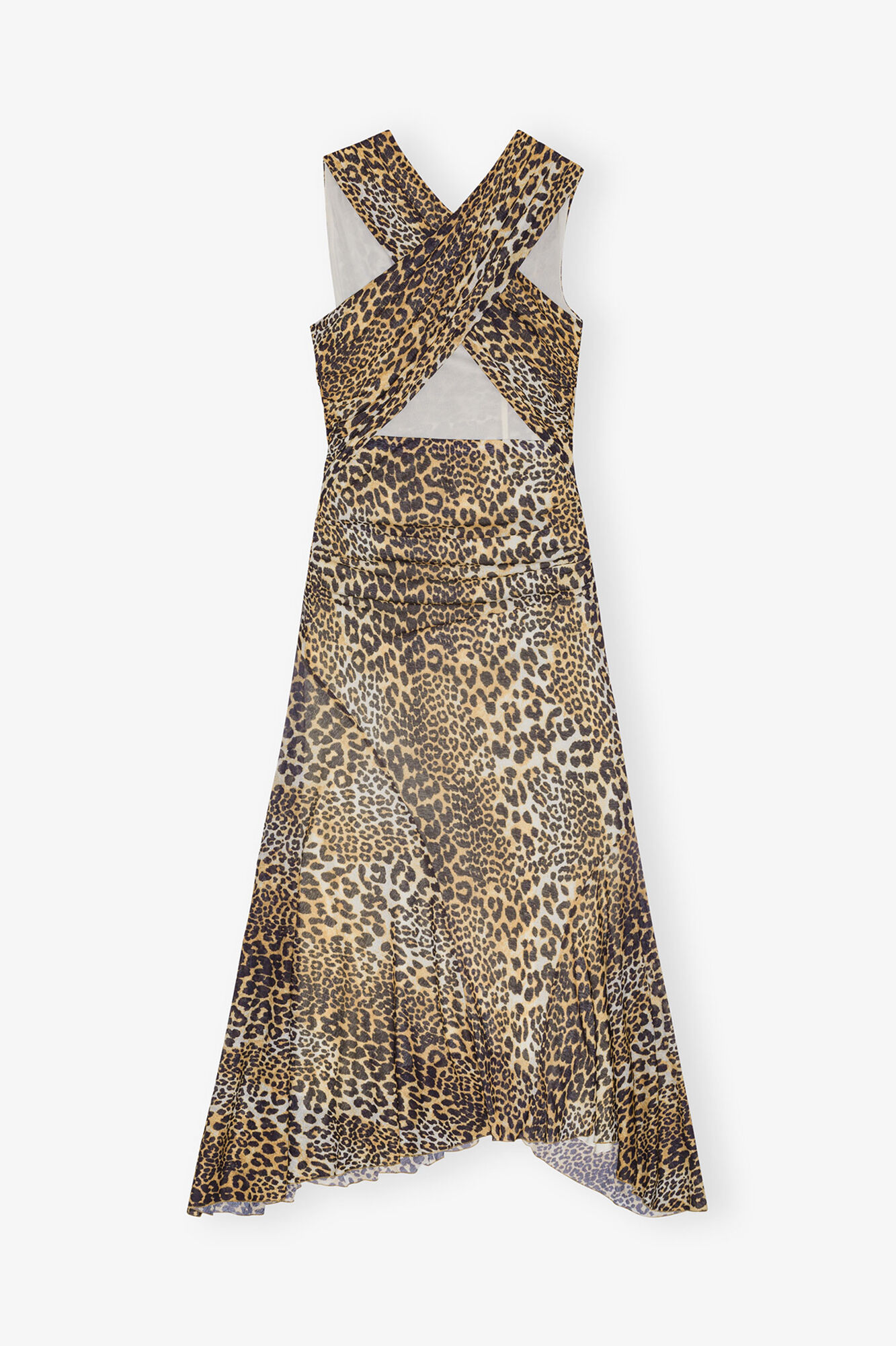 Leopard Marl Mesh Long Ruched Crossover Dress, Recycled Polyester, in colour Leopard - 2 - GANNI
