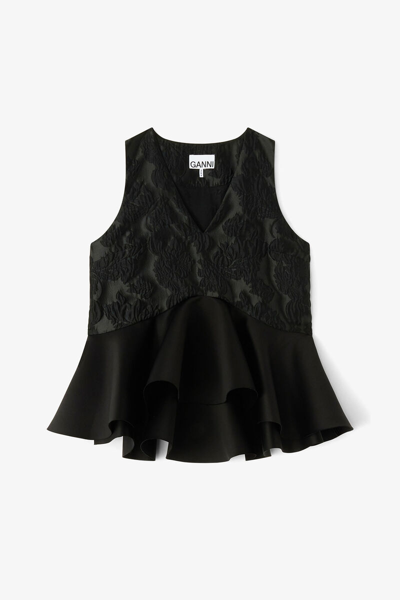Satin Cloque Peplum Top, Recycled Polyester, in colour Black - 1 - GANNI
