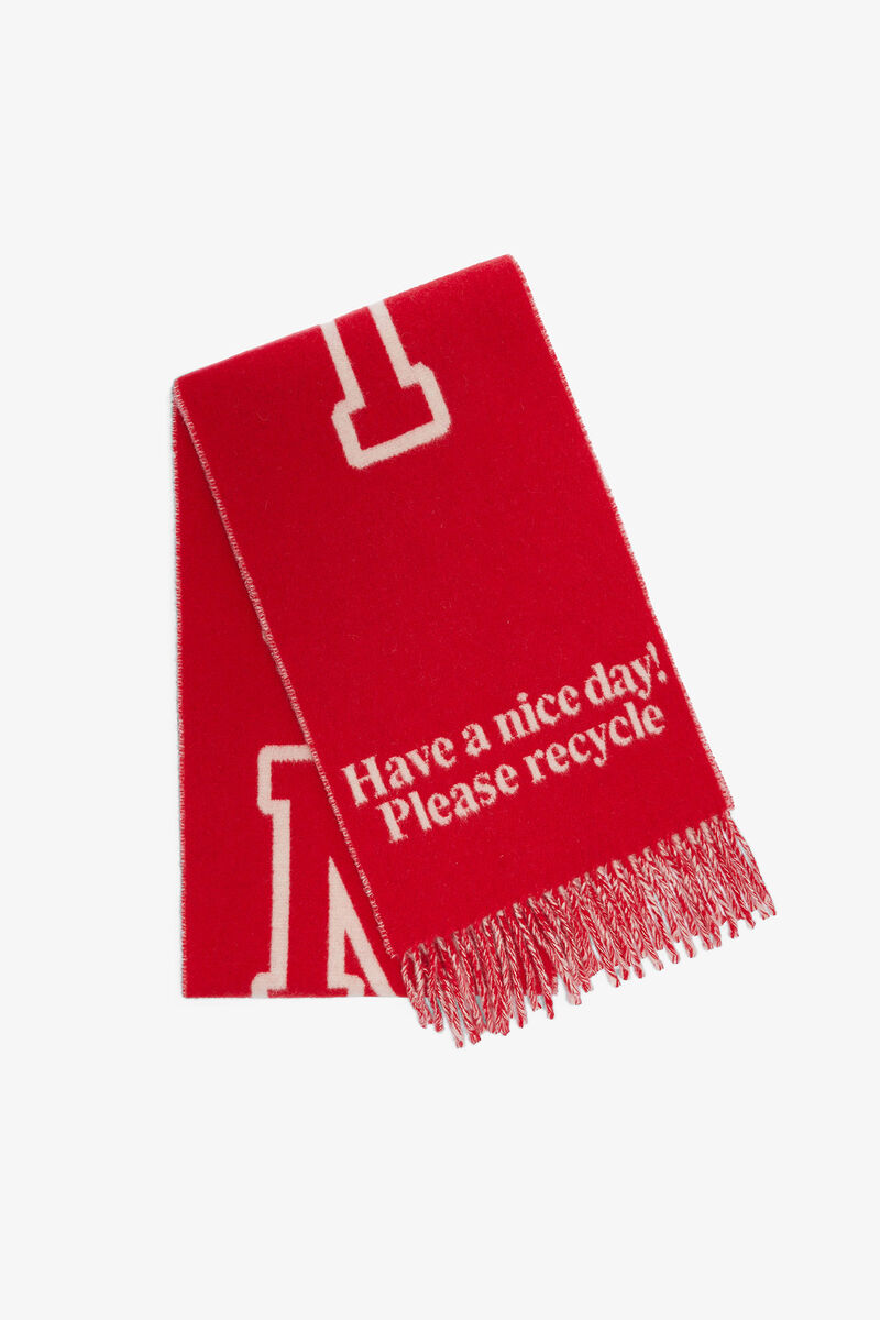 Red Fringed Football Scarf, Wool, in colour Barbados Cherry - 1 - GANNI