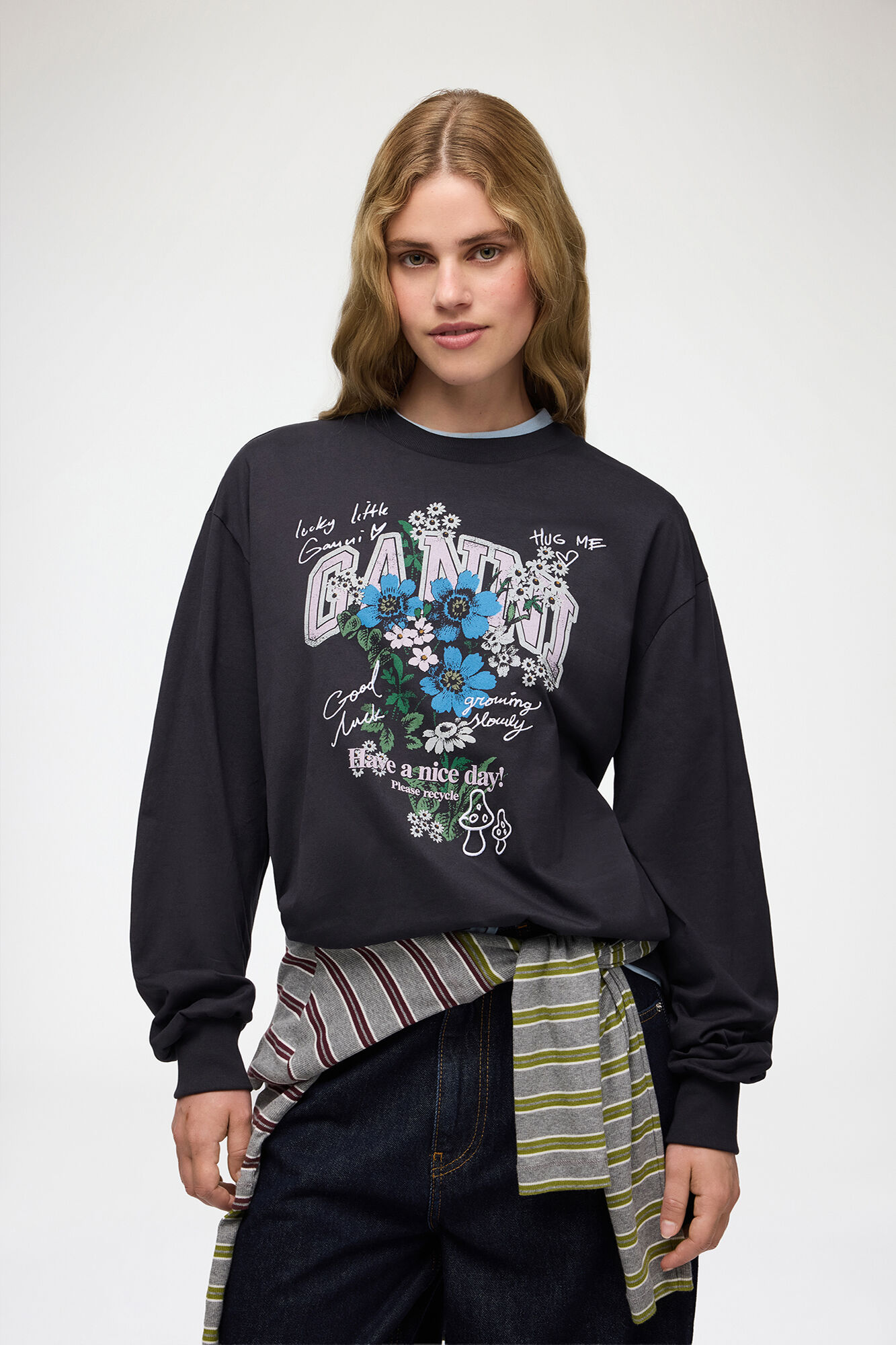 Long-sleeve T-shirt with Flowers, Organic Cotton, in colour Phantom - 1 - GANNI