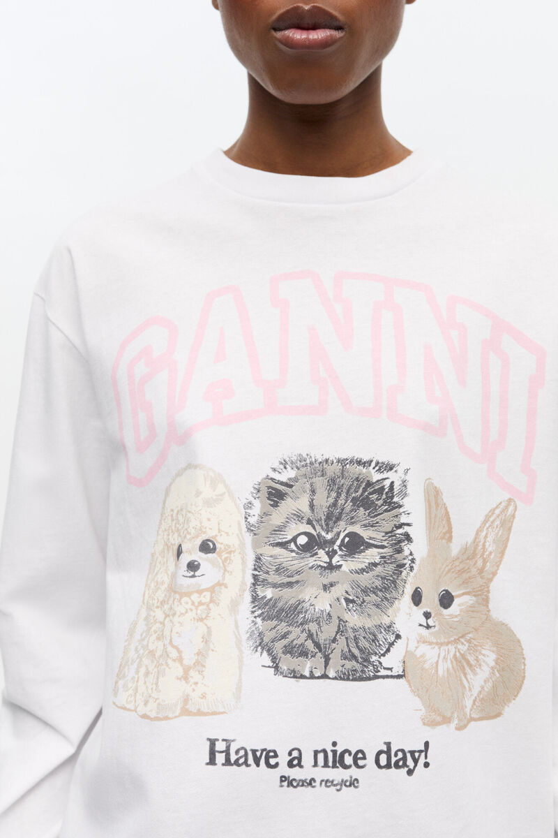 White Animal Print Long-sleeve T-shirt, Organic Cotton, in colour Bright White - 4 - GANNI