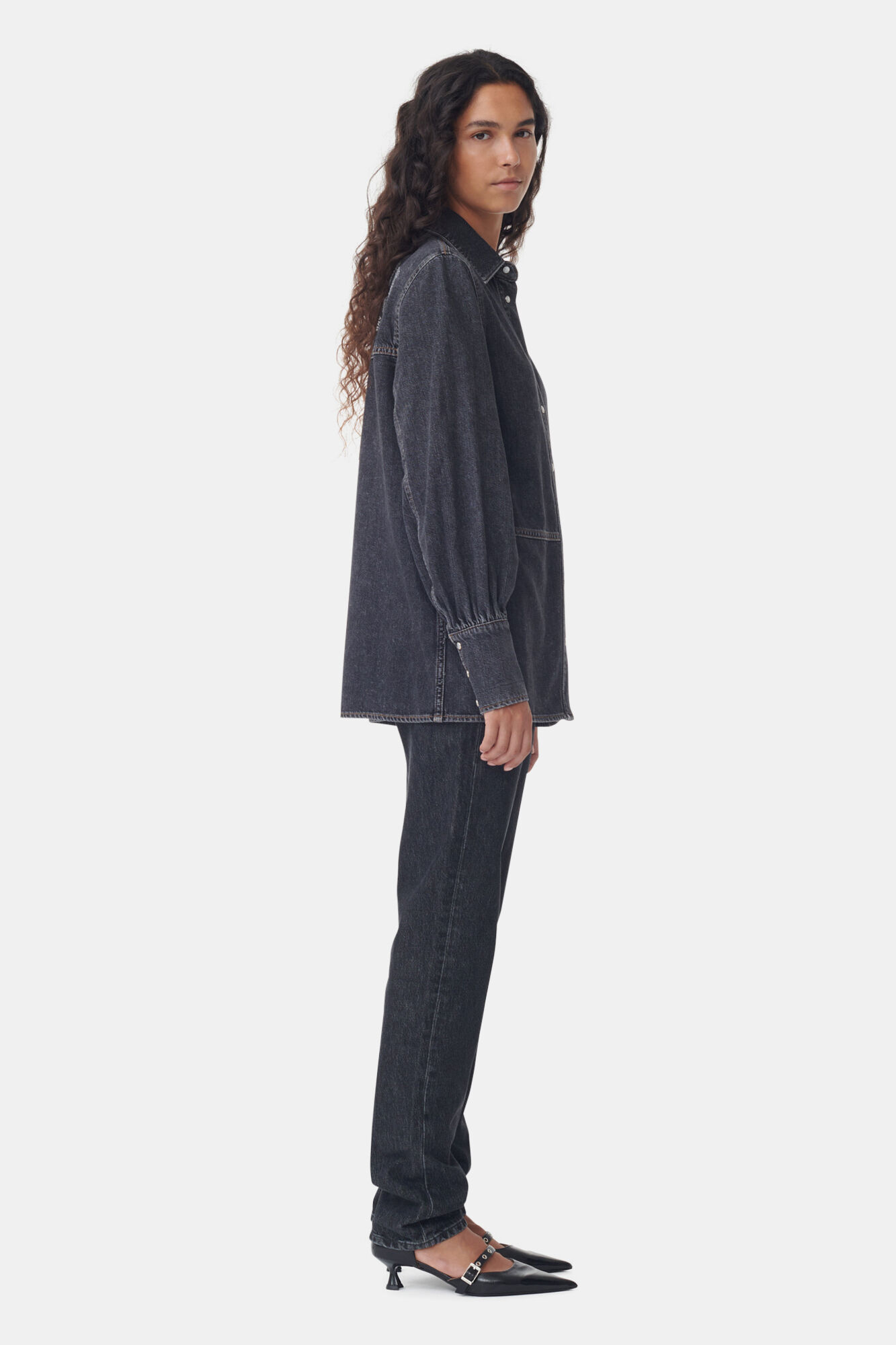 CIRCULOSE® Future Black Denim Shirt, Organic Cotton, in colour Washed Black/Black - 3 - GANNI