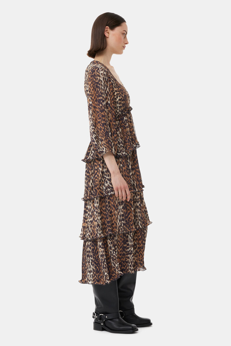 Leopard Pleated Georgette Flounce Smock Midi Dress, Recycled Polyester, in colour Almond Milk - 3 - GANNI