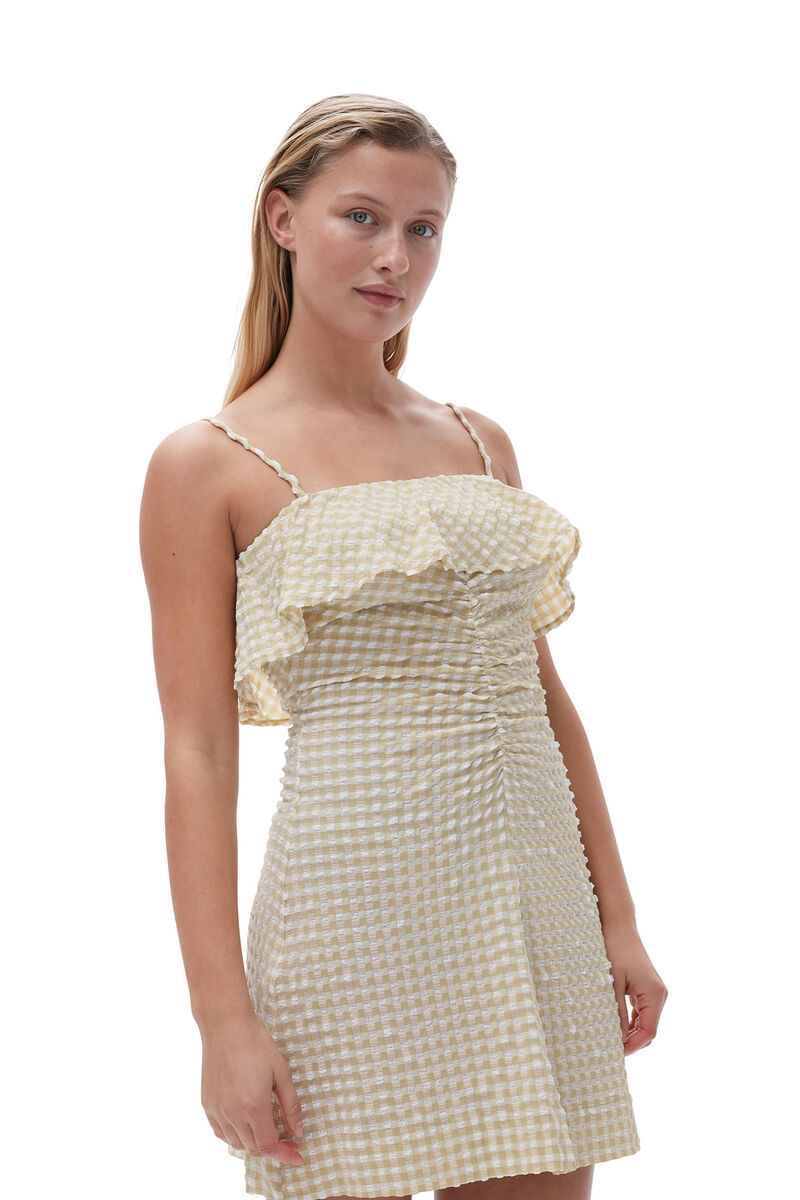 Stretch Seersucker Strap Mini Dress, Elastane, in colour Pale Khaki - 4 - GANNI