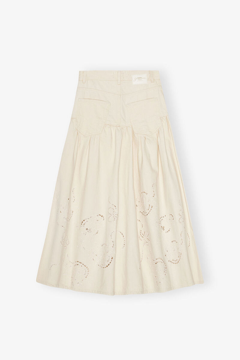 Broderie Anglaise Denim Skirt, Cotton, in colour Egret - 2 - GANNI
