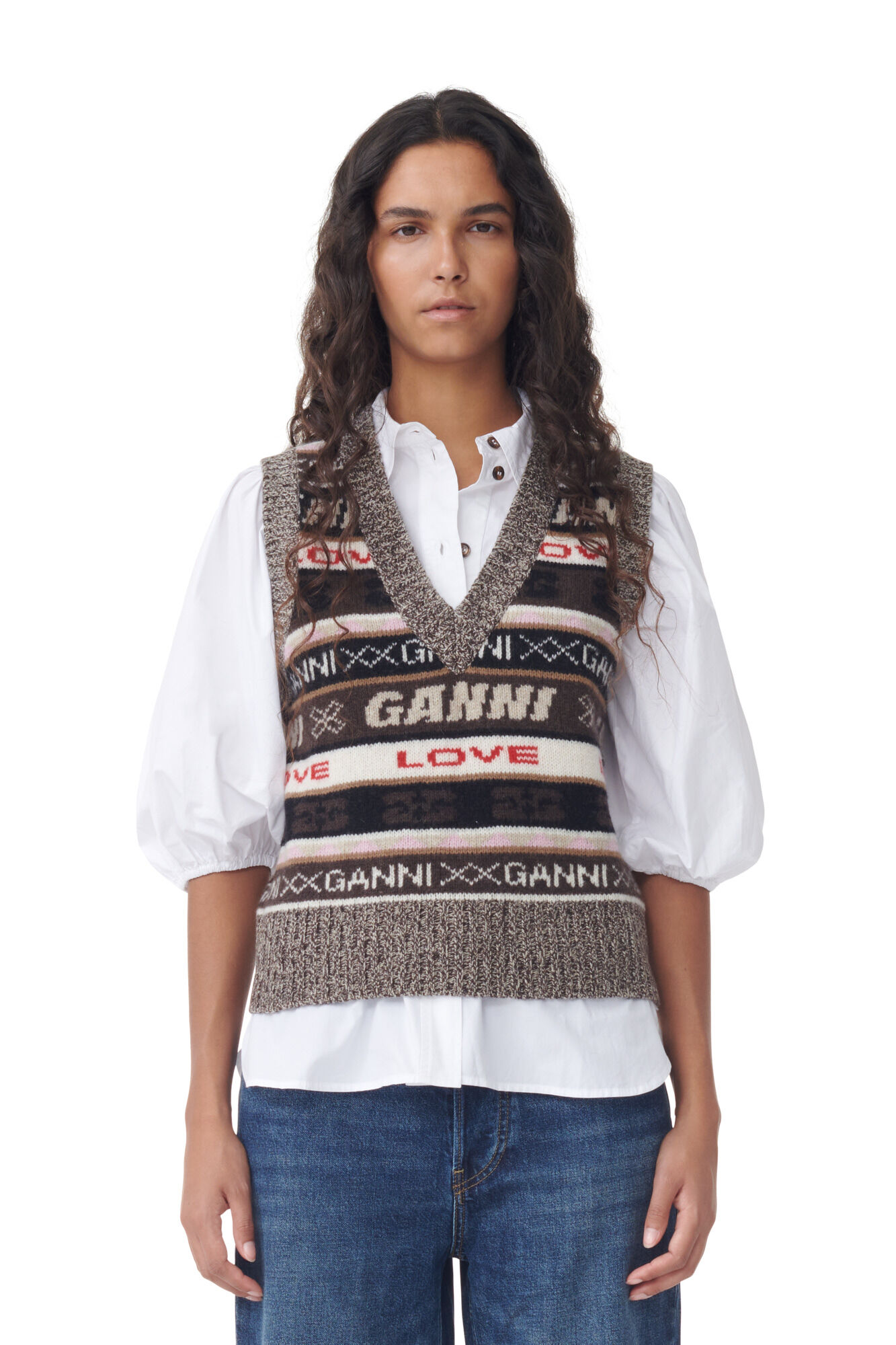 Ganni Brown Logo Wool Mix Vest