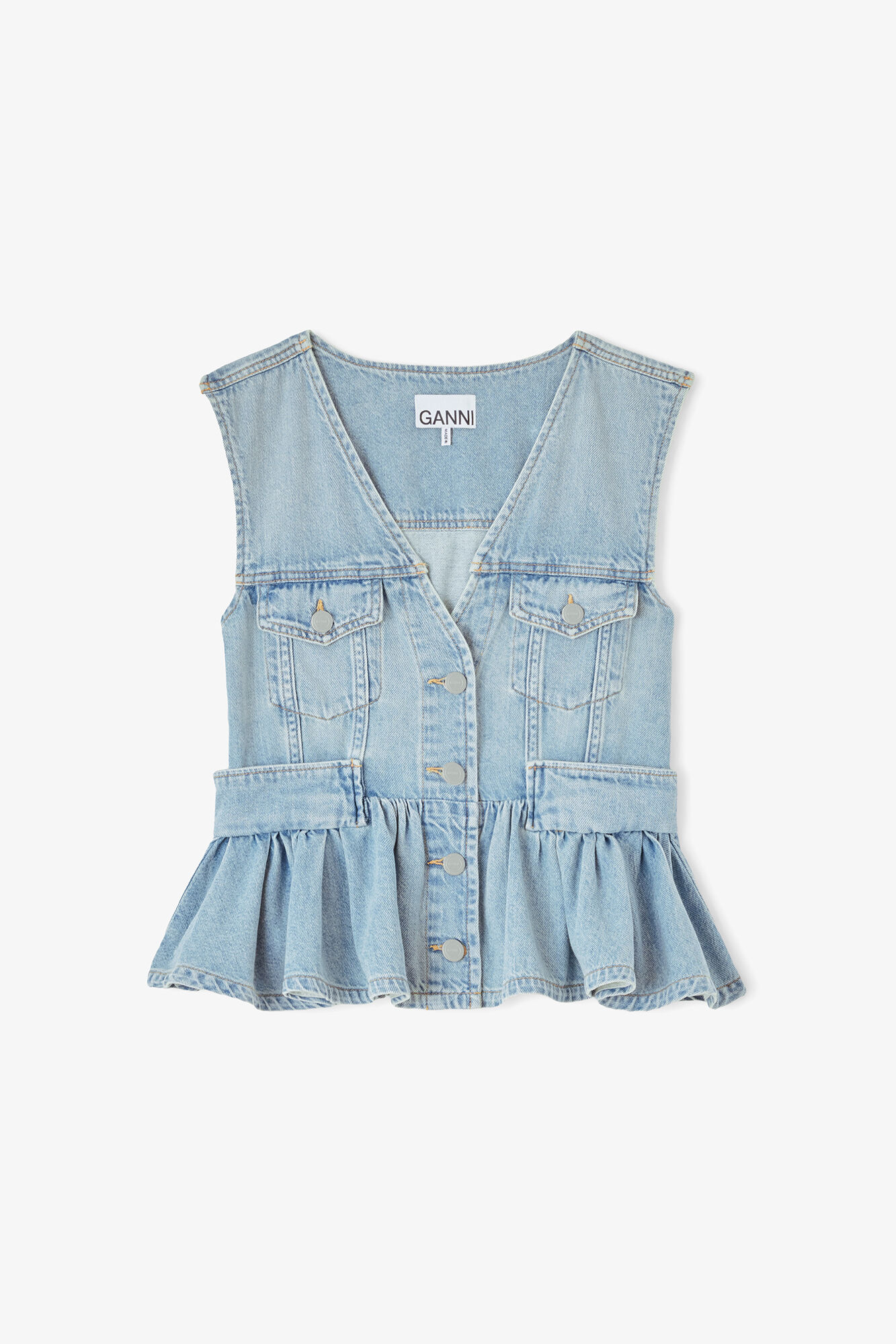 Vest in Lightweight Denim, Organic Cotton, in colour Light Blue Vintage - 1 - GANNI