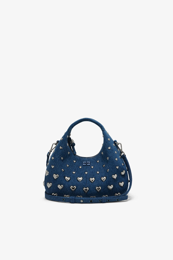 Denim Stud Mini Hobo Bag, Navy Peony