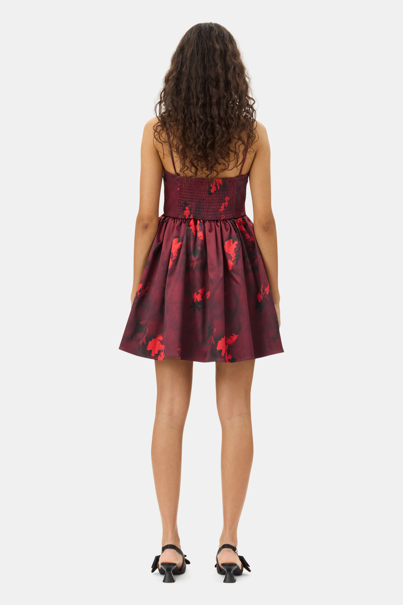 Red Floral Print Satin Strap Mini Dress, Elastane, in colour Winery - 4 - GANNI