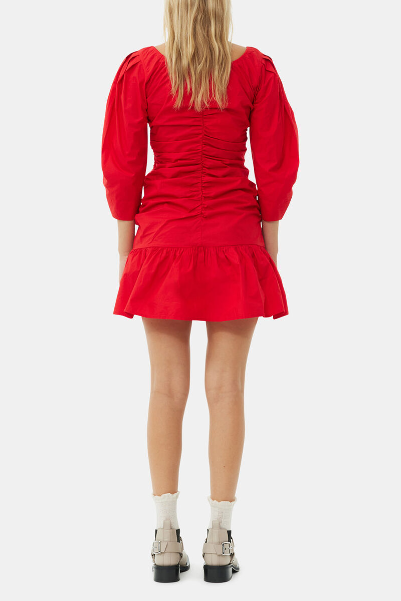 Red Cotton Poplin Gathered U-neck Mini Dress, Organic Cotton, in colour Racing Red - 4 - GANNI