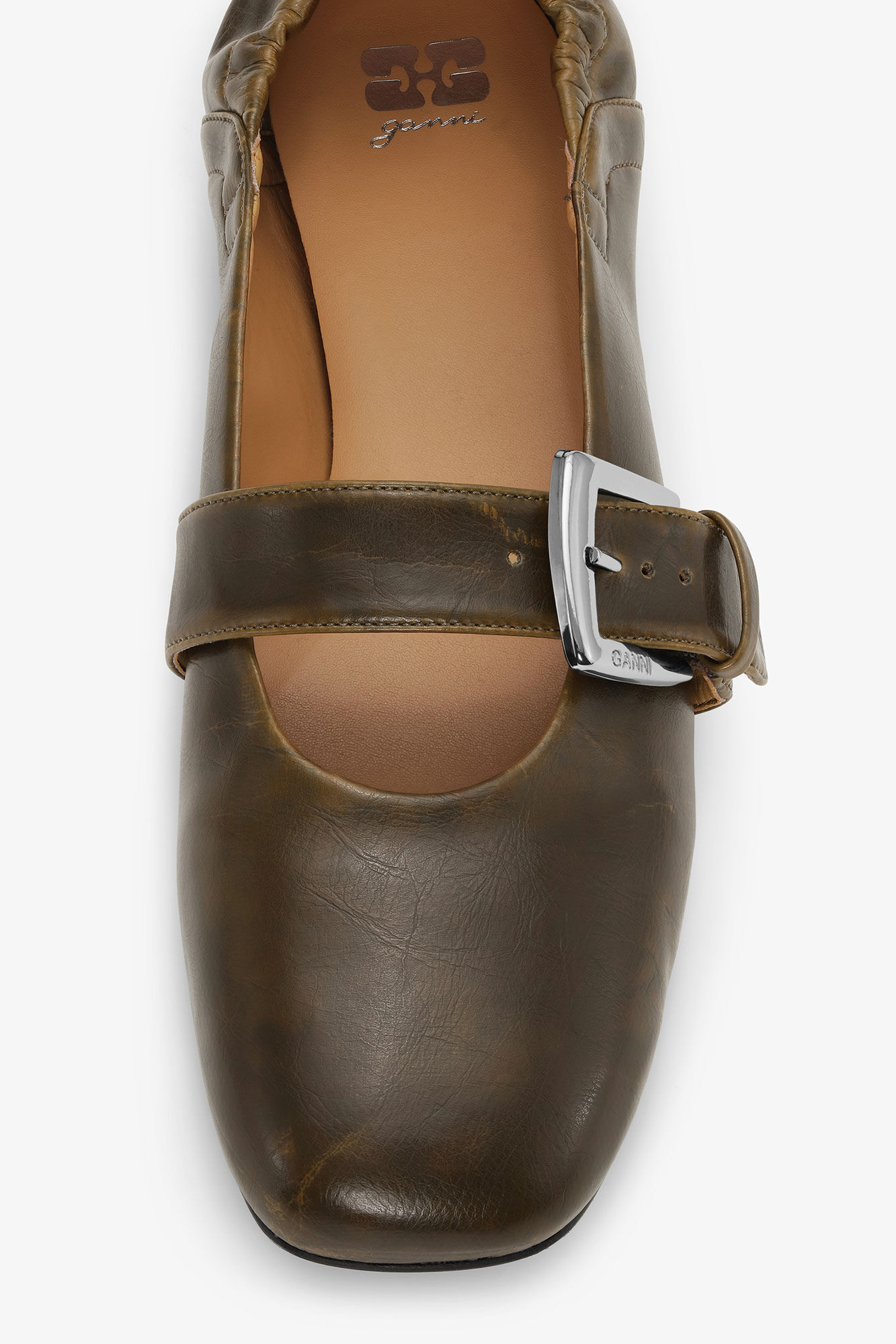 Ballerines à boucle vert olive foncé, Cotton, in colour Dark Olive - 4 - GANNI