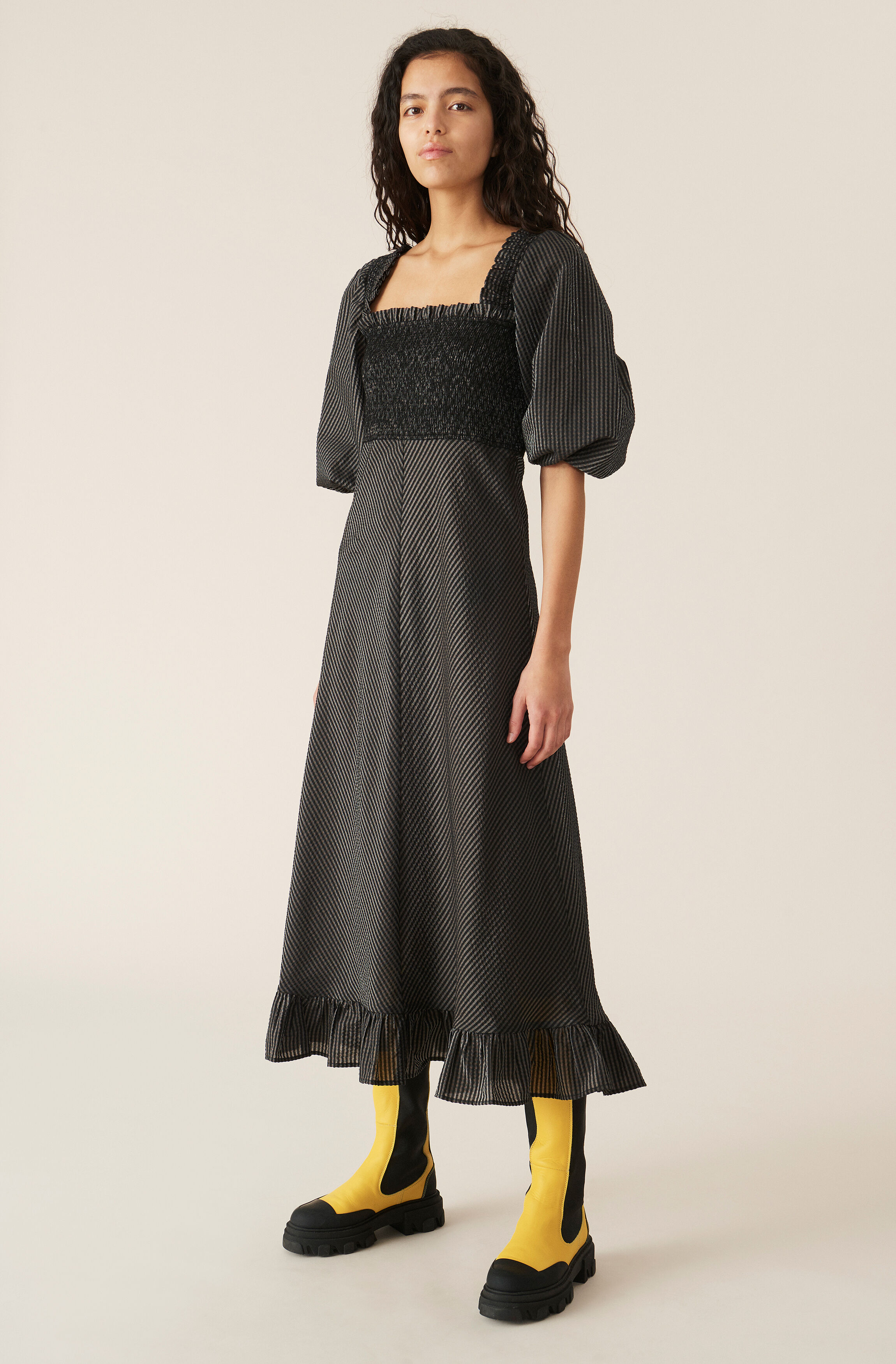 Seersucker Check Maxi Dress, Polyester, in colour Black - 1 - GANNI