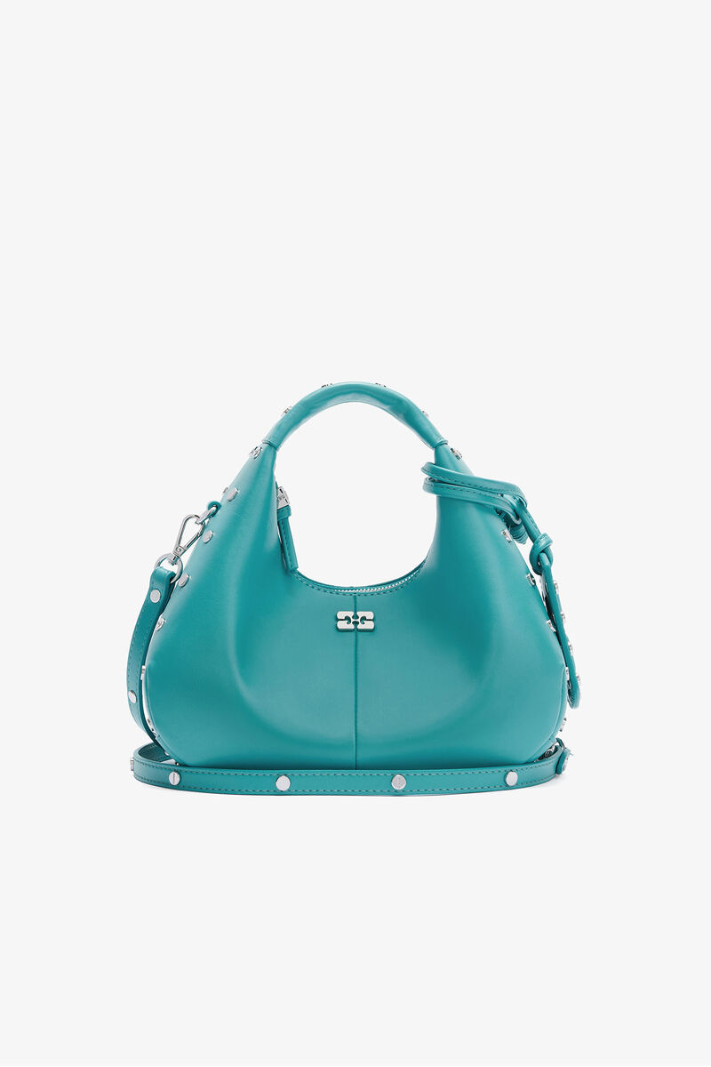 Mini Hobo Bag Studs in Blue, Recycled Leather, in colour Baltic - 1 - GANNI