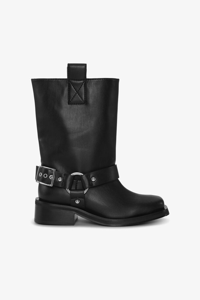 Black Mid Shaft Biker Boots, Black