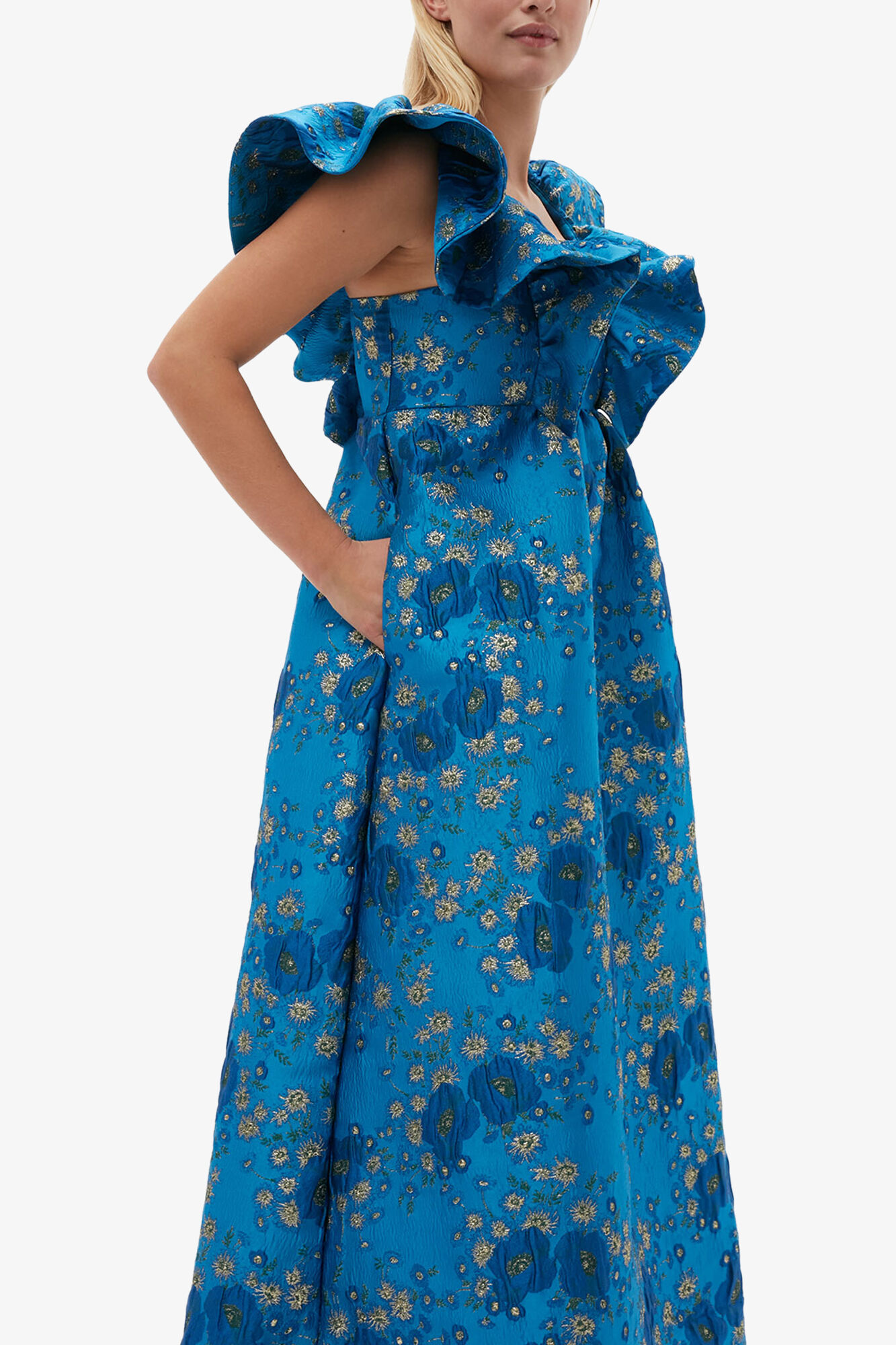 3D Jacquard Ruffle Midi Dress, Recycled Polyester, in colour Brilliant Blue - 3 - GANNI