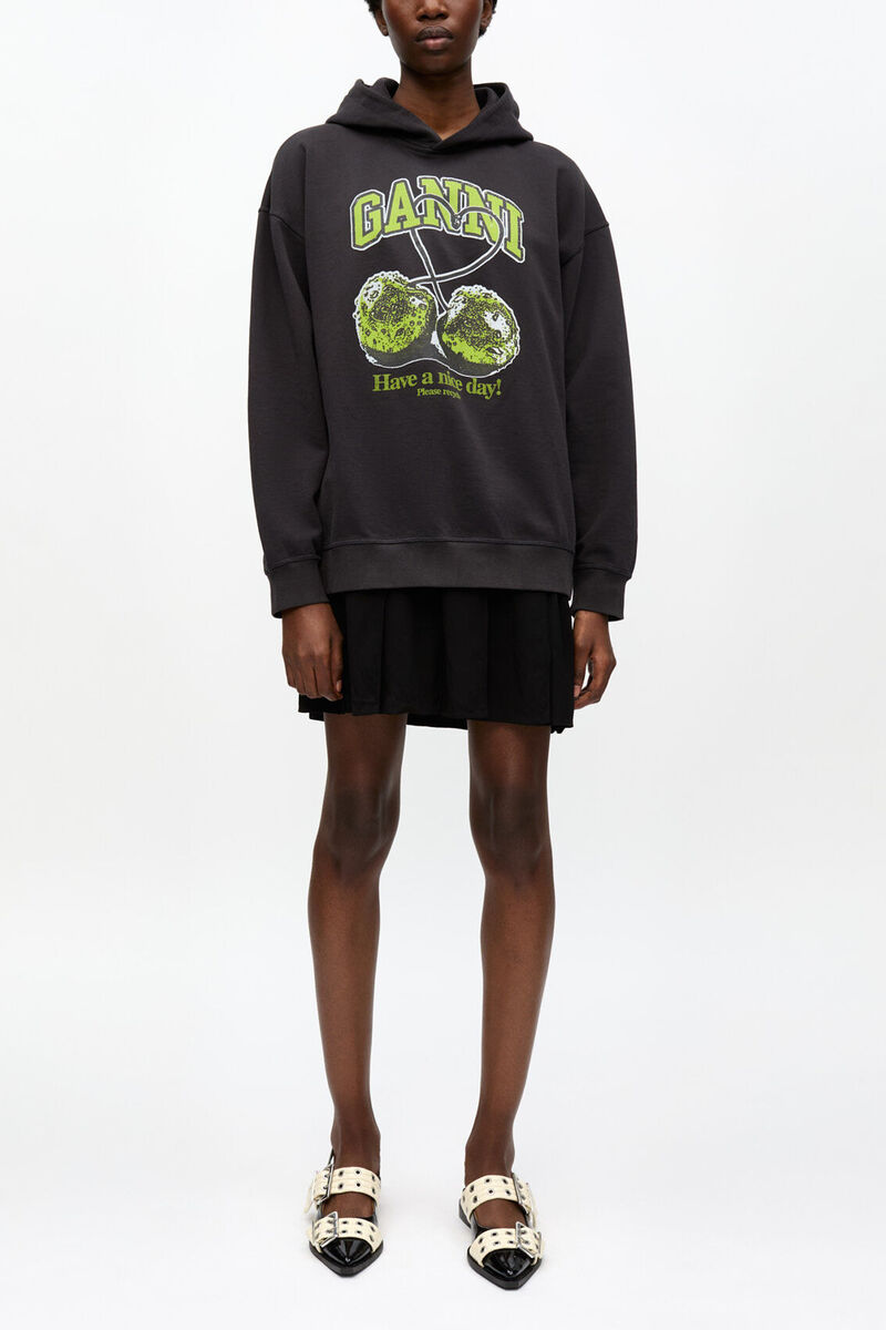 Black Isoli Cherries Oversized Hoodie, Organic Cotton, in colour Phantom - 2 - GANNI