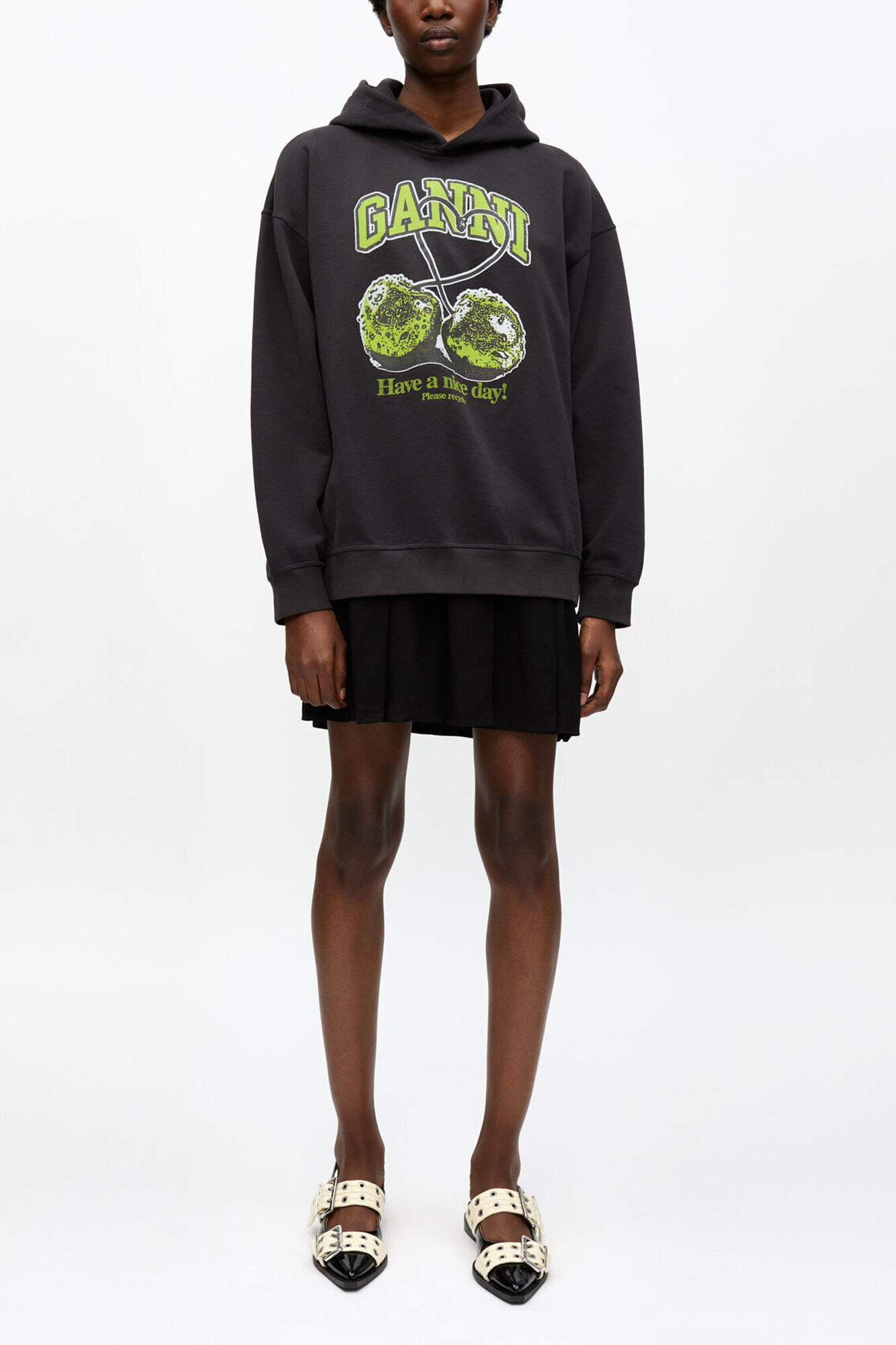 Black Isoli Cherries Oversized Hoodie, Organic Cotton, in colour Phantom - 2 - GANNI