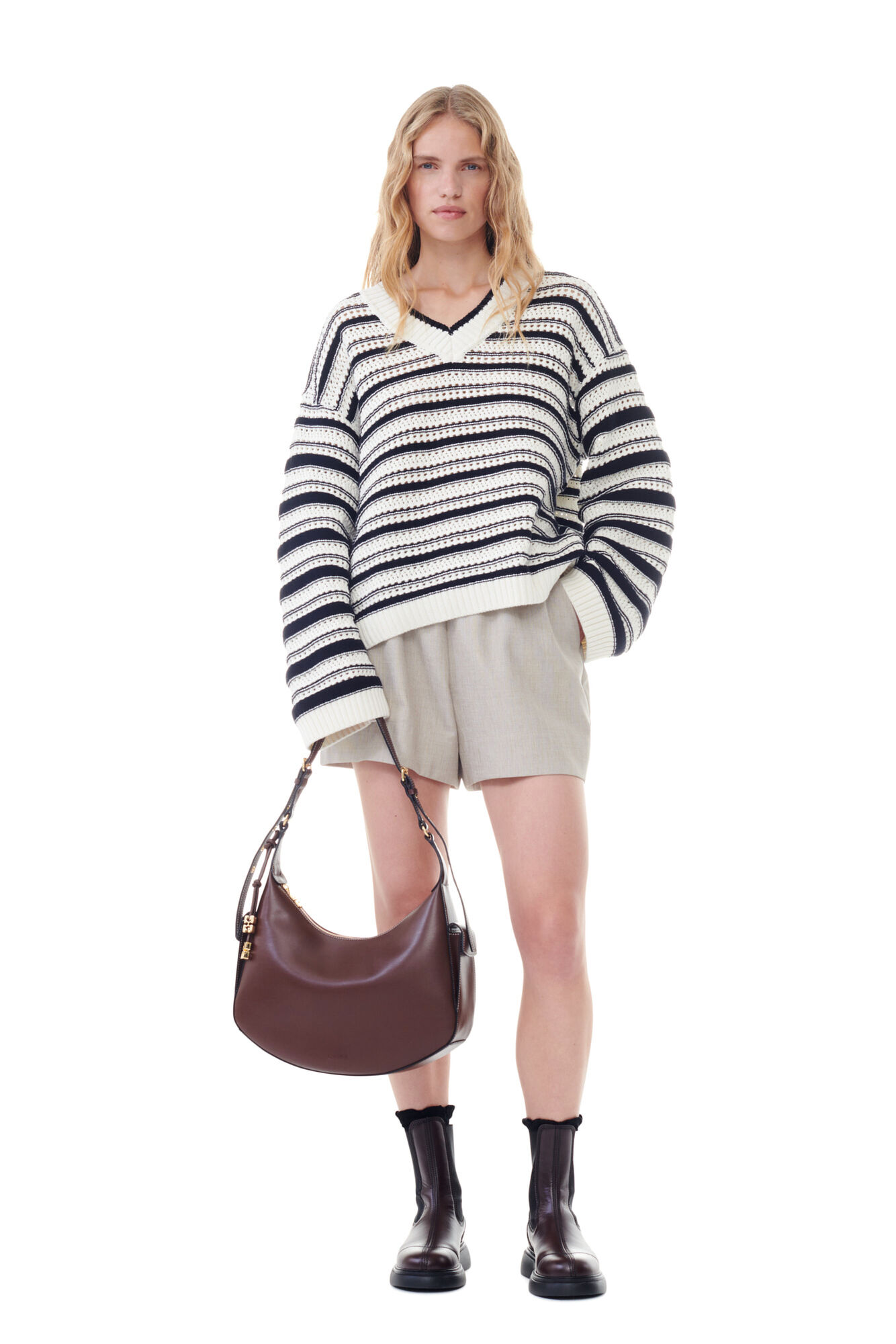 Striped V-neck Jumper, Cotton, in colour Multicolour - 2 - GANNI