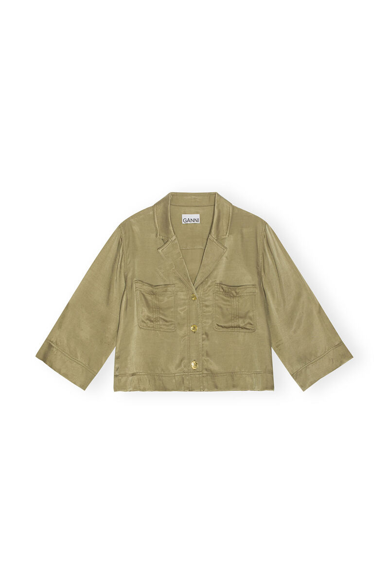 Washed-Satin-Crop-Shirt, Cupro, in colour Aloe - 1 - GANNI