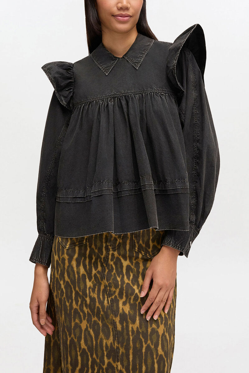 Black Washed Frill Blouse, Organic Cotton, in colour Black - 1 - GANNI