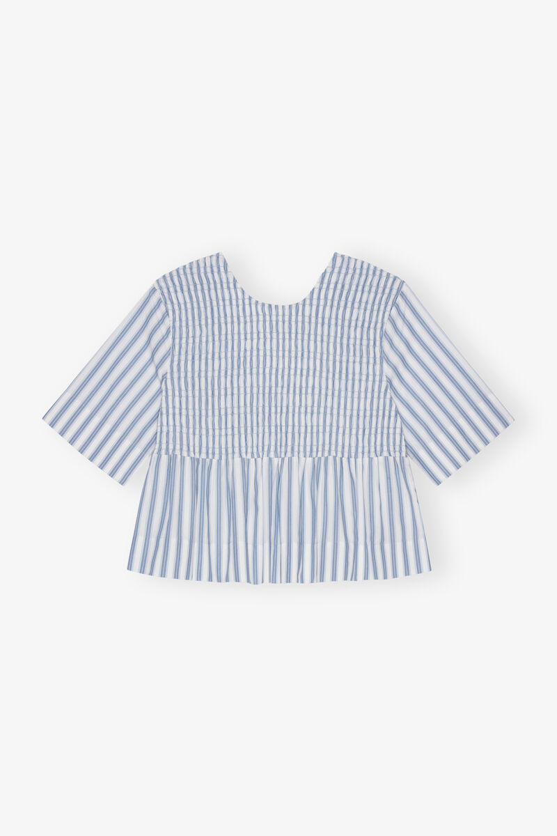 Blue Stripe Cotton Smock Blouse, Cotton, in colour Egret - 1 - GANNI